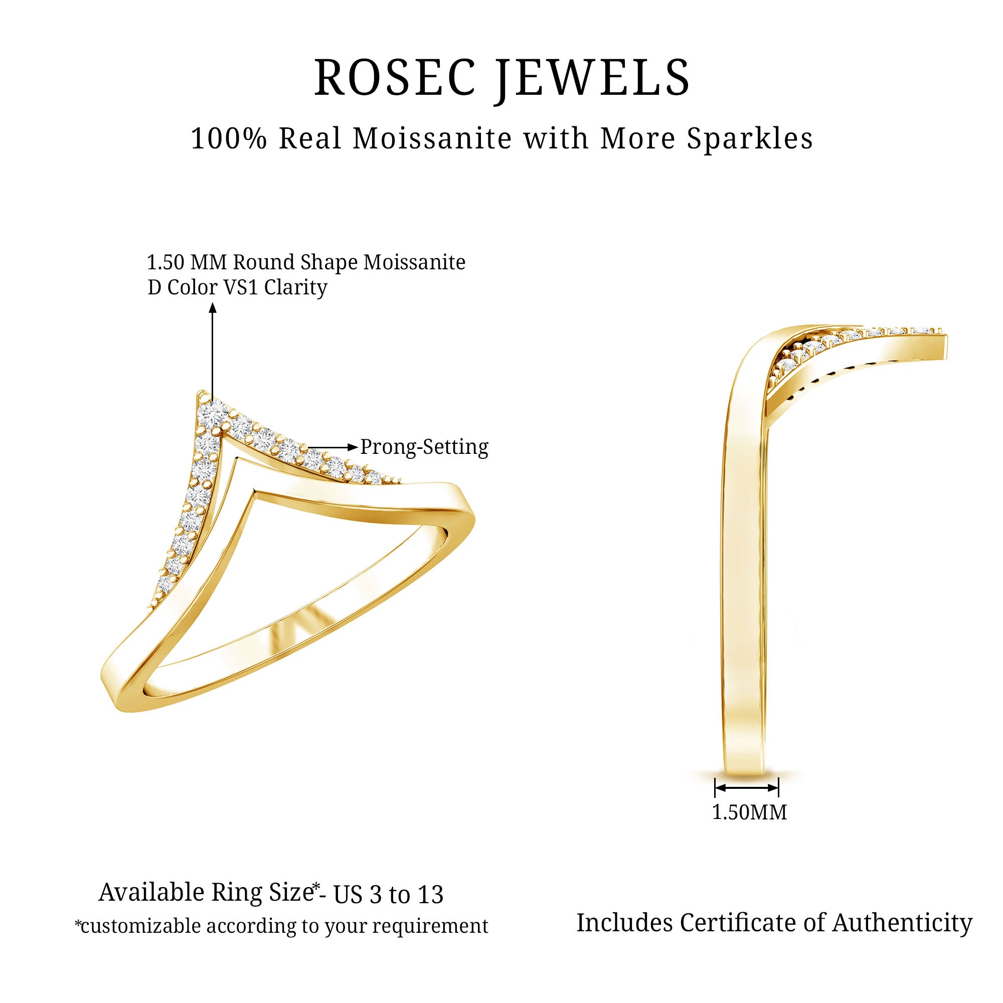 Certified Moissanite Chevron Enhancer Ring D-VS1 - Rosec Jewels