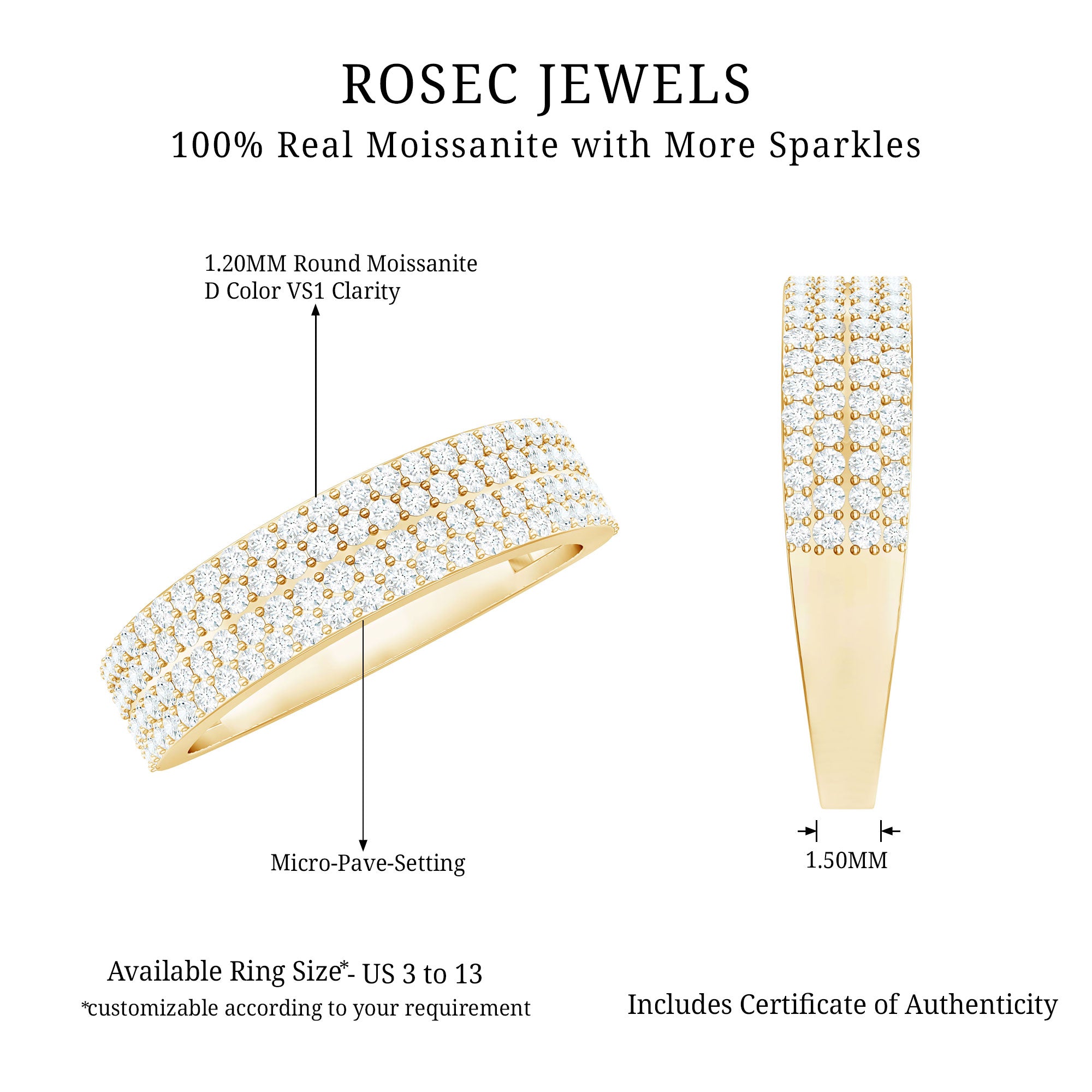 Thick Moissanite Half Eternity Wedding Band D-VS1 - Rosec Jewels