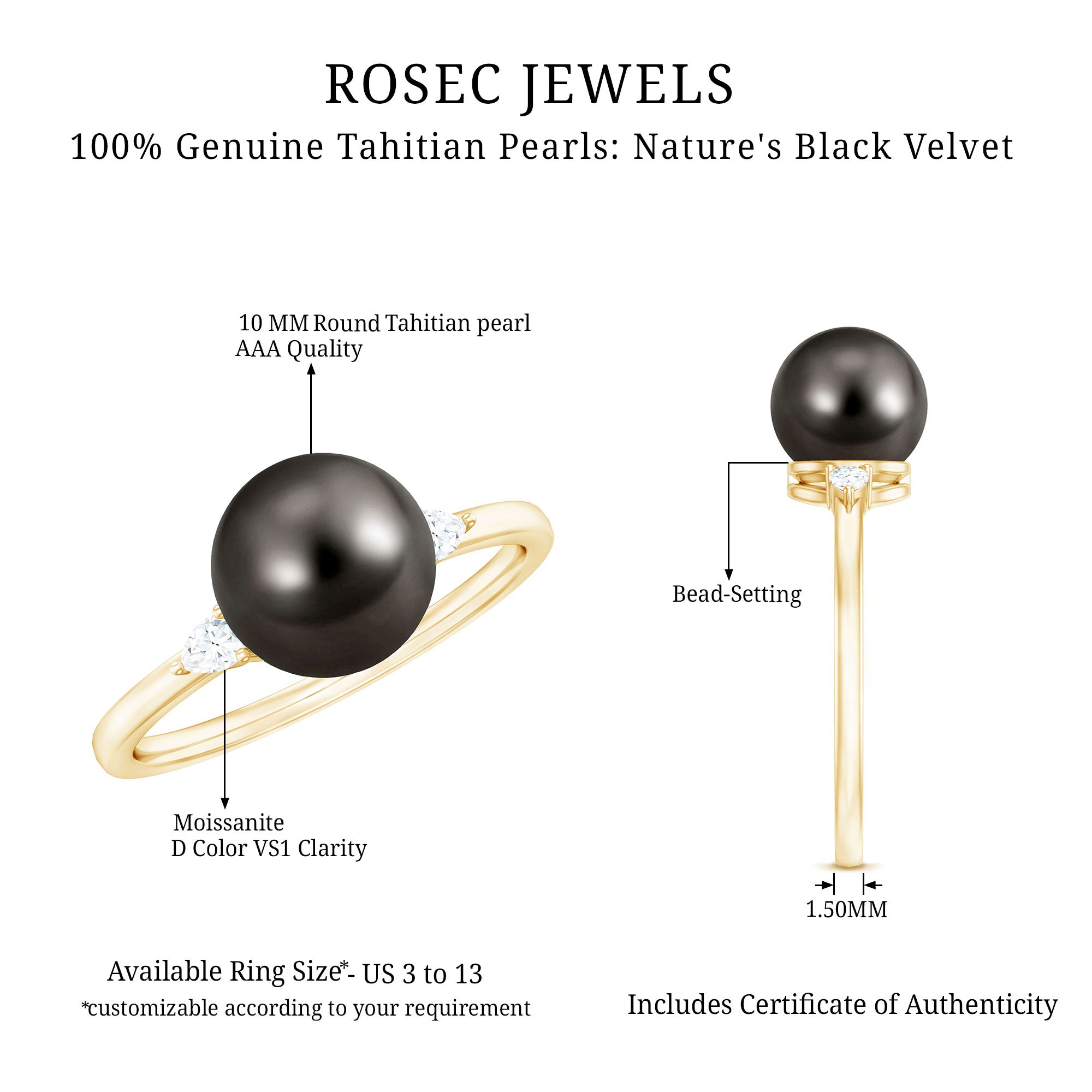 Rosec Jewels-Round Tahitian Pearl Solitaire Engagement Ring with Moissanite