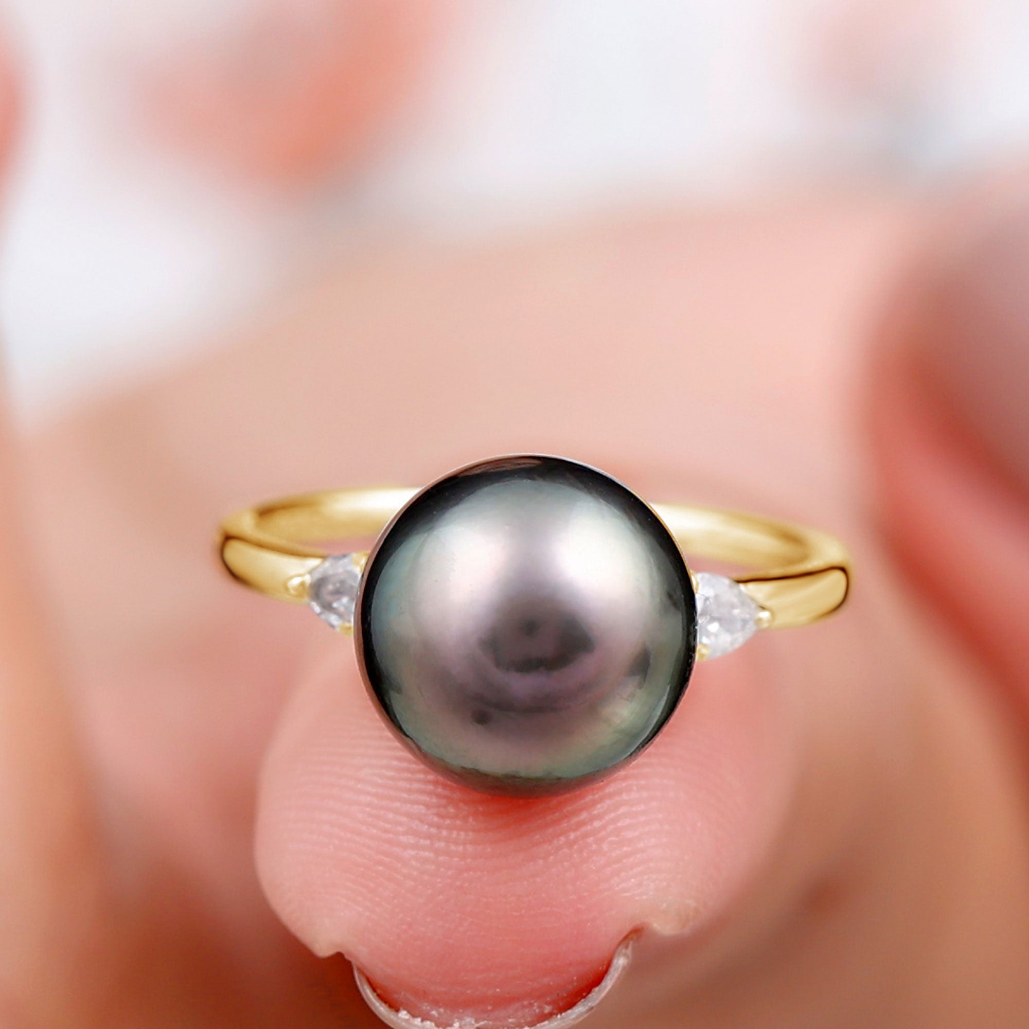 Rosec Jewels-Round Tahitian Pearl Solitaire Engagement Ring with Moissanite
