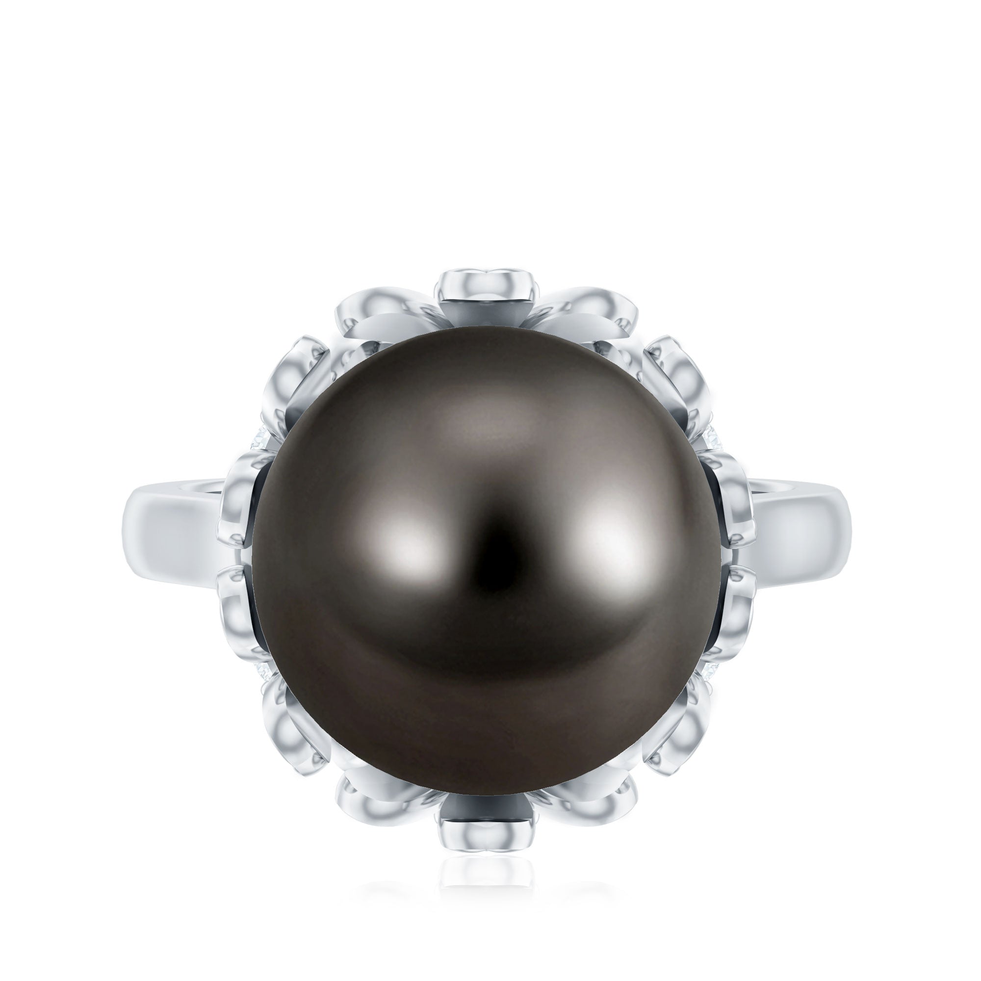 10MM Solitaire Tahitian Black Pearl Engagement Ring with Floral Setting AAA - Rosec Jewels