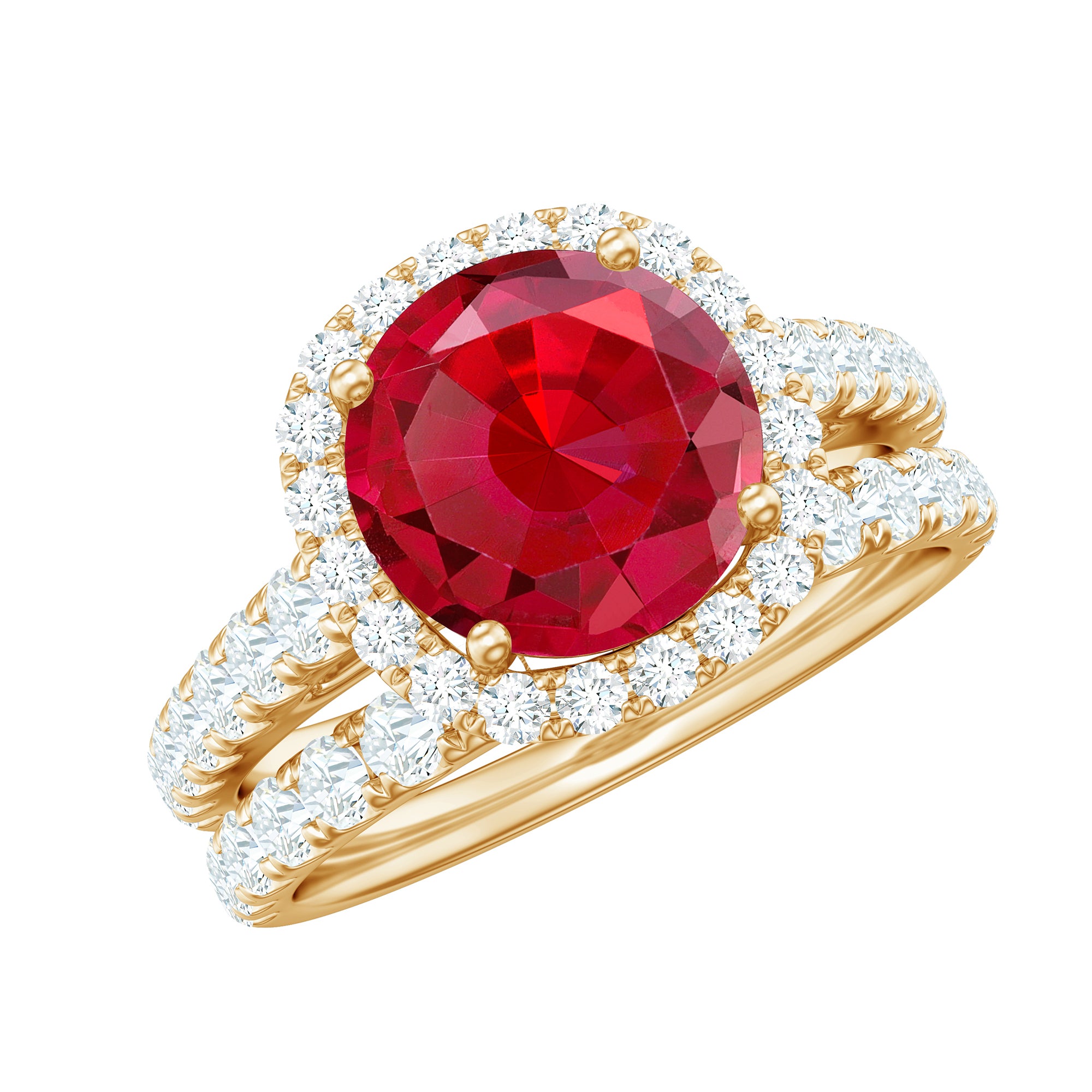 Lab Created Ruby Halo Engagement Ring with Moissanite Enhancer Ring AAAA - Rosec Jewels