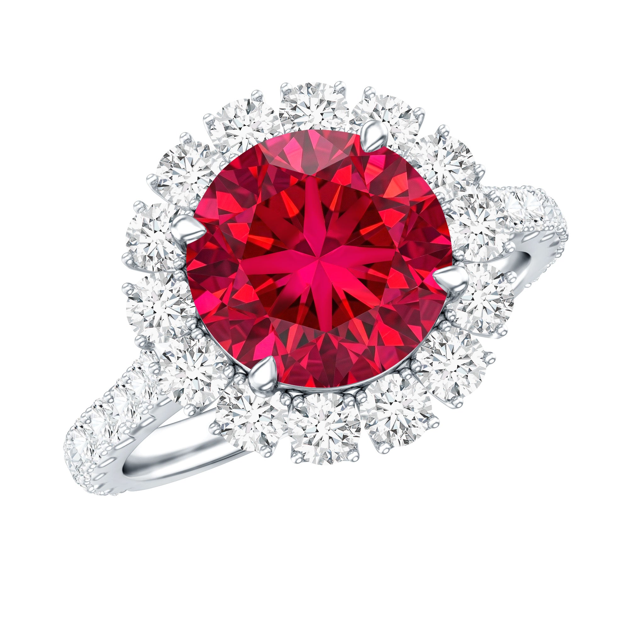 Round Lab Created Ruby and Moissanite Halo Engagement Ring AAAA - Rosec Jewels