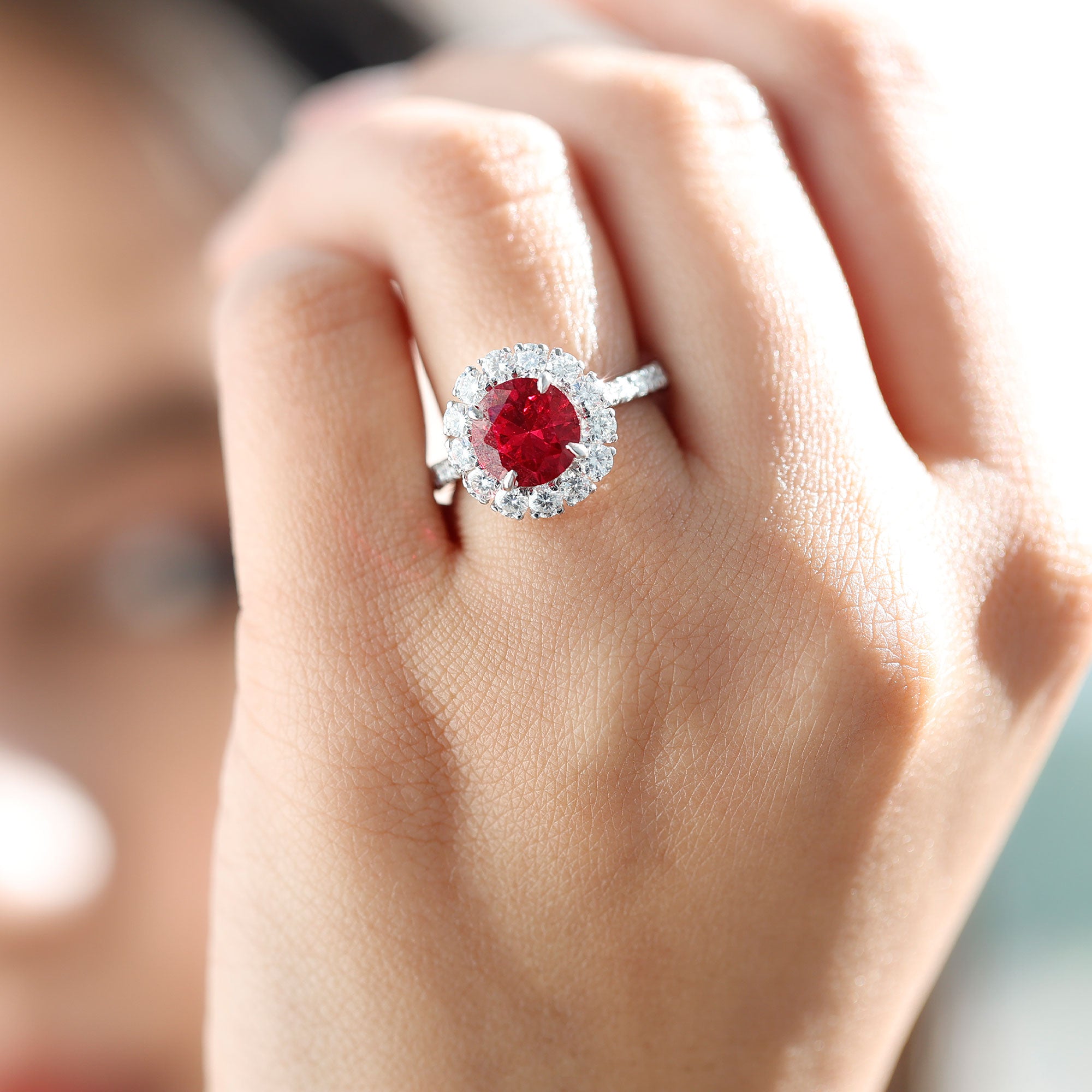 Rosec Jewels-Round Lab Created Ruby and Moissanite Halo Engagement Ring