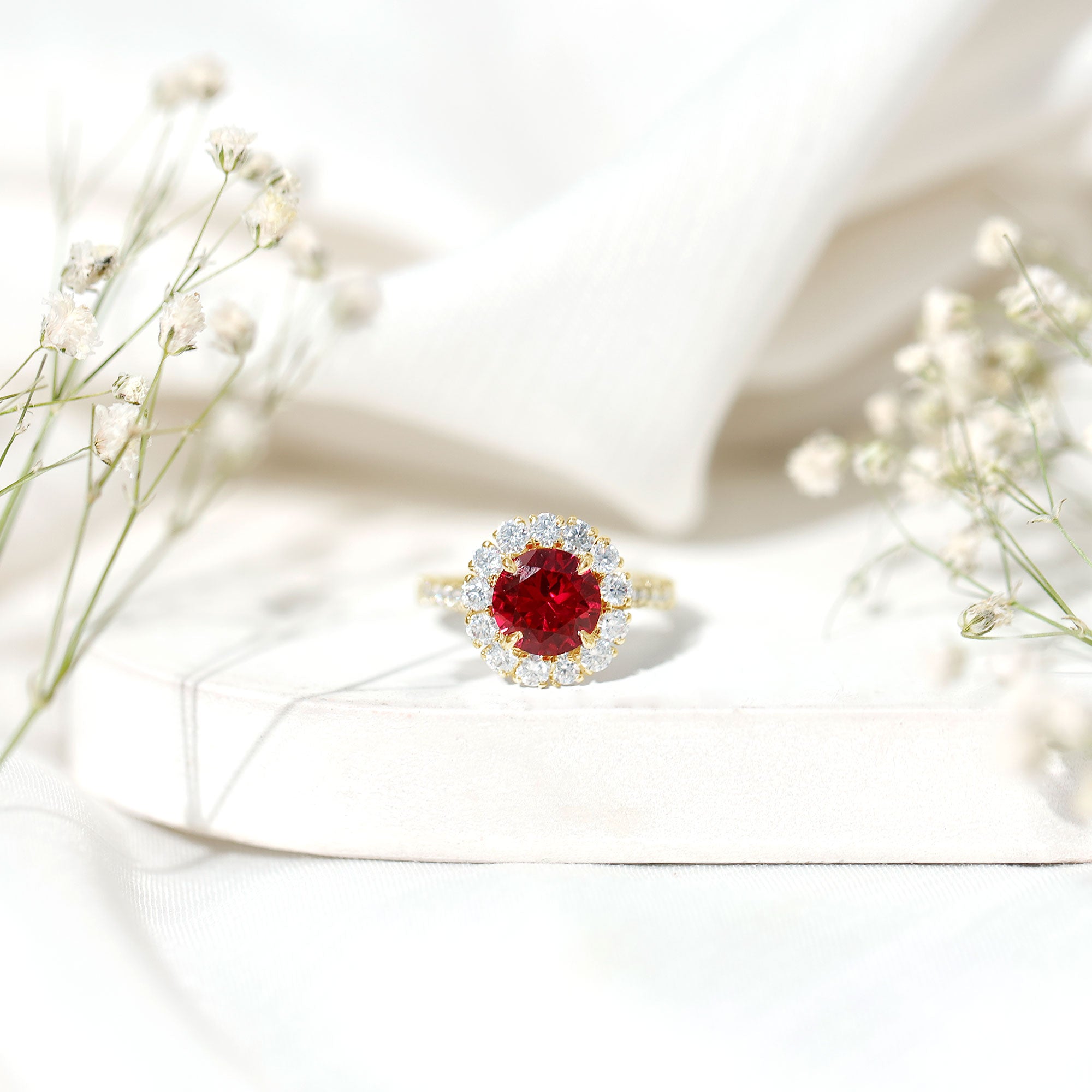 Round Lab Created Ruby and Moissanite Halo Engagement Ring AAAA - Rosec Jewels