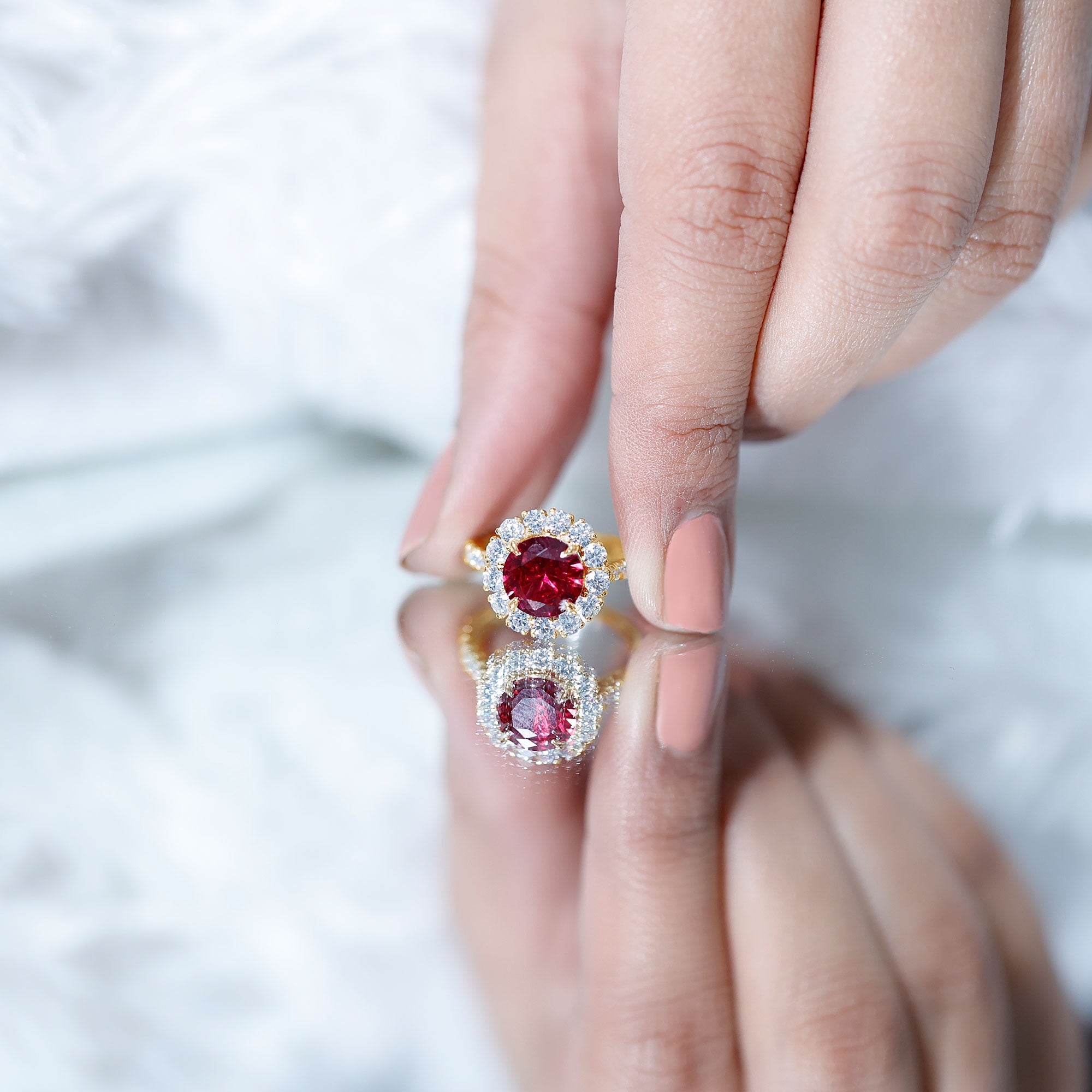 Rosec Jewels-Round Lab Created Ruby and Moissanite Halo Engagement Ring