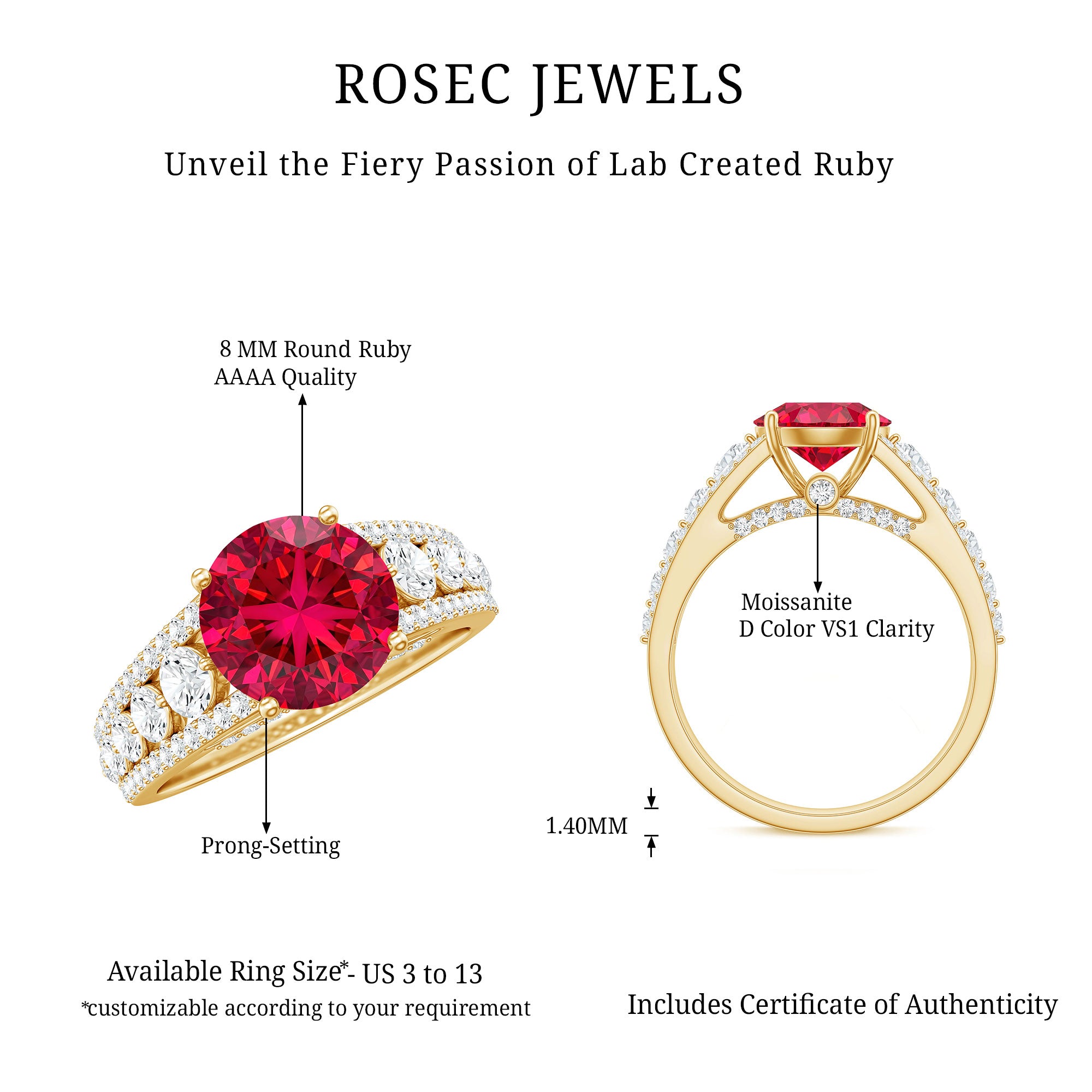 Created Ruby Statement Engagement Ring with Moissanite Side Stones AAAA - Rosec Jewels