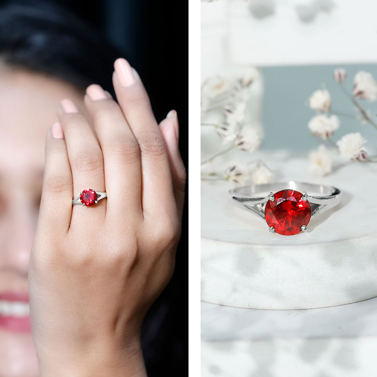 2.3 Carat Round Lab Grown Ruby Solitaire Engagement Ring in Split Shank AAAA - Rosec Jewels
