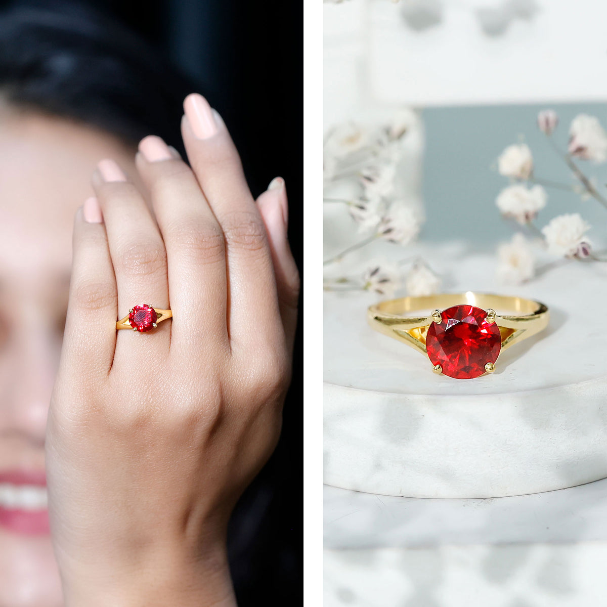 2.3 Carat Round Lab Grown Ruby Solitaire Engagement Ring in Split Shank AAAA - Rosec Jewels