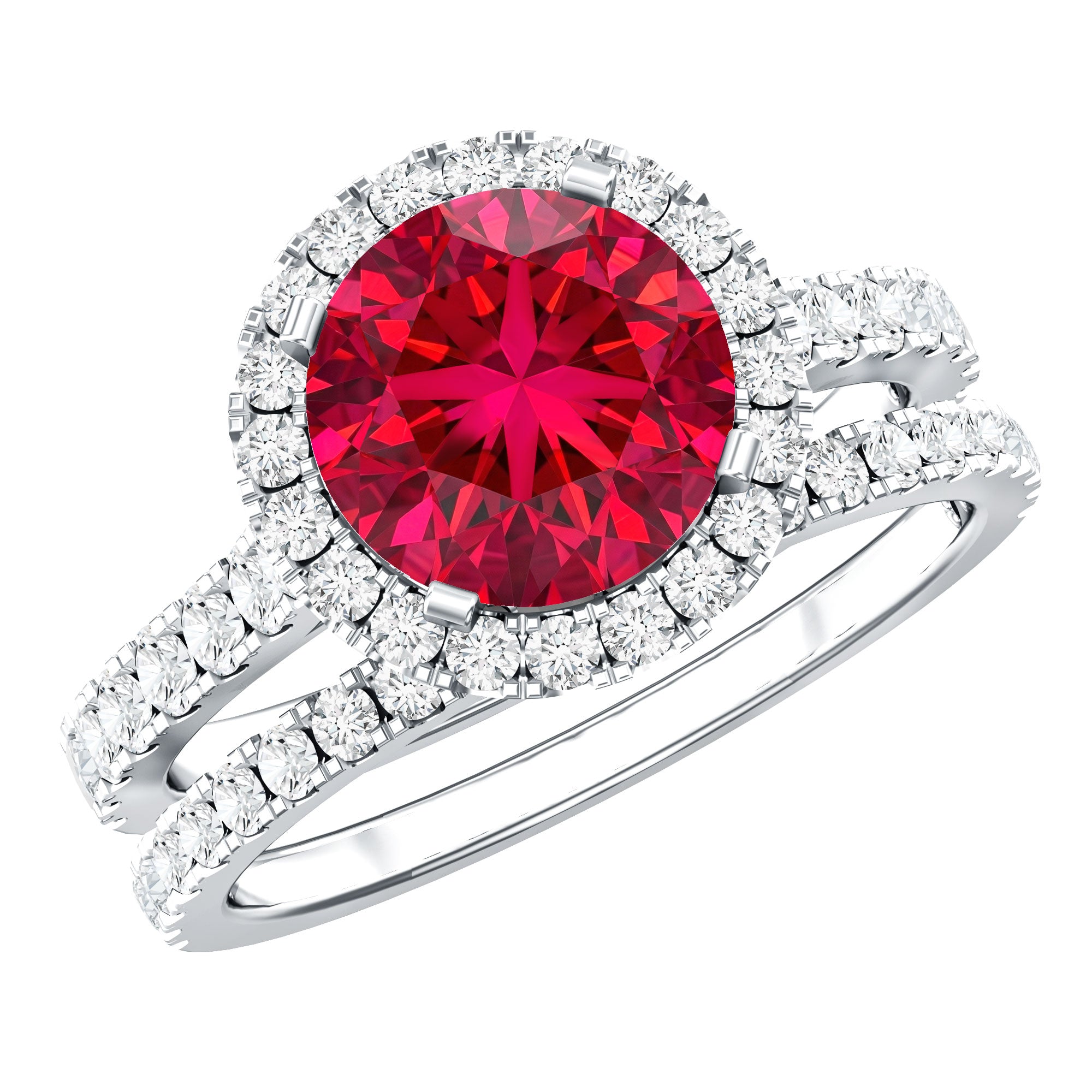 Lab Created Ruby Halo Wedding Ring Set with Moissanite AAAA - Rosec Jewels