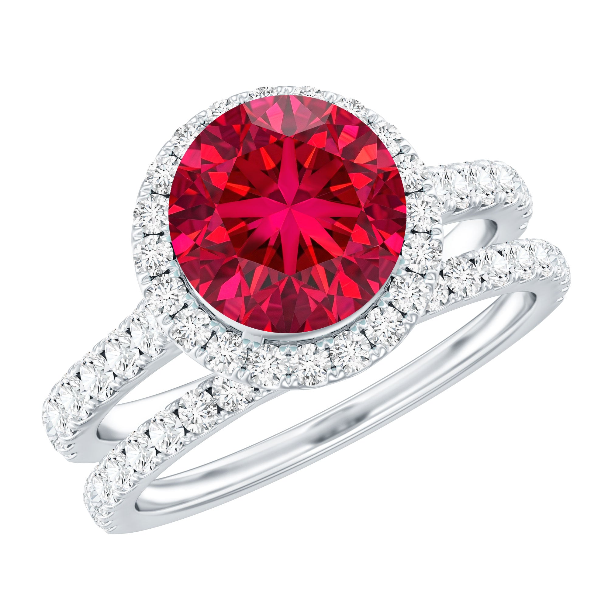 Lab Created Ruby Halo Wedding Ring Set with Moissanite