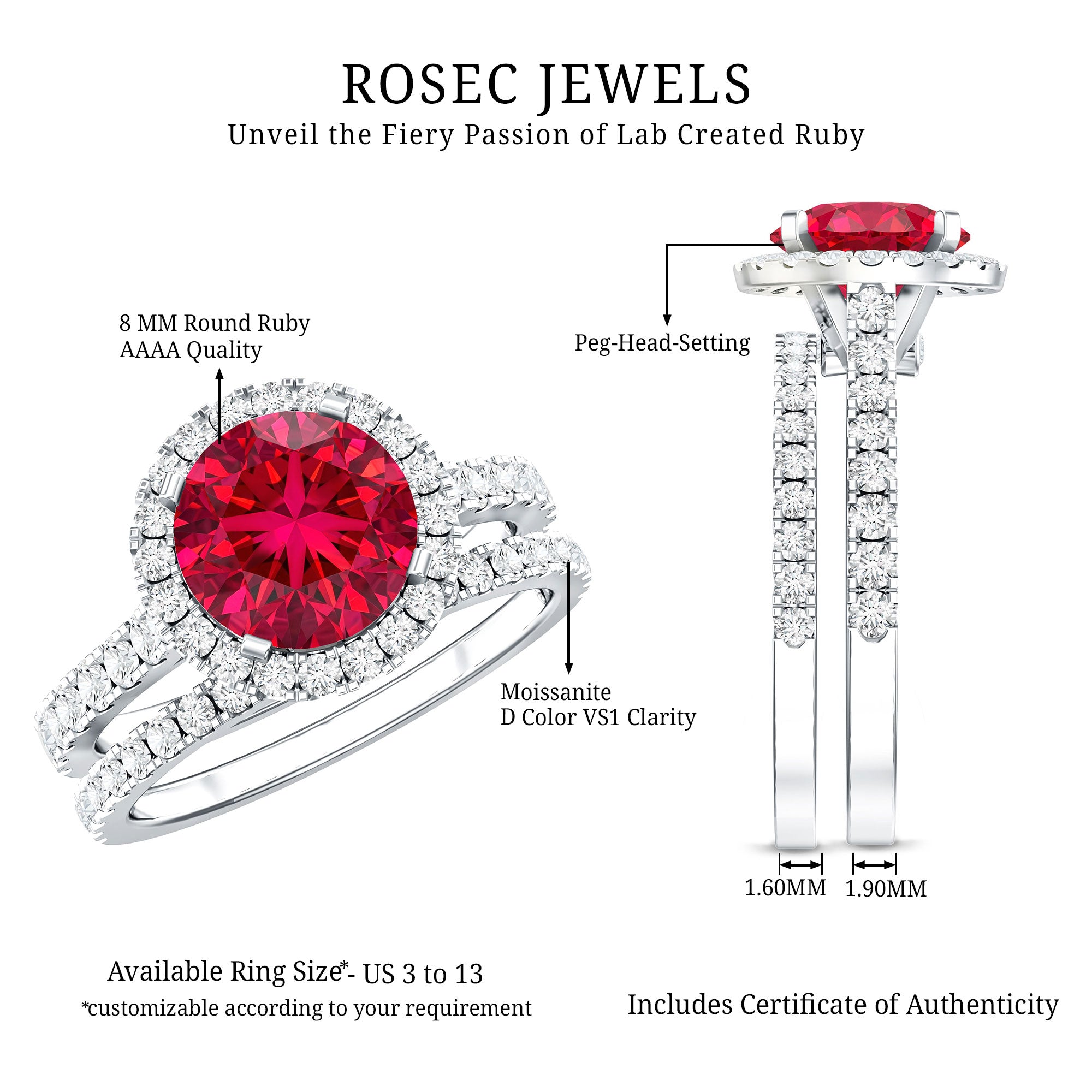 Lab Created Ruby Halo Wedding Ring Set with Moissanite AAAA - Rosec Jewels
