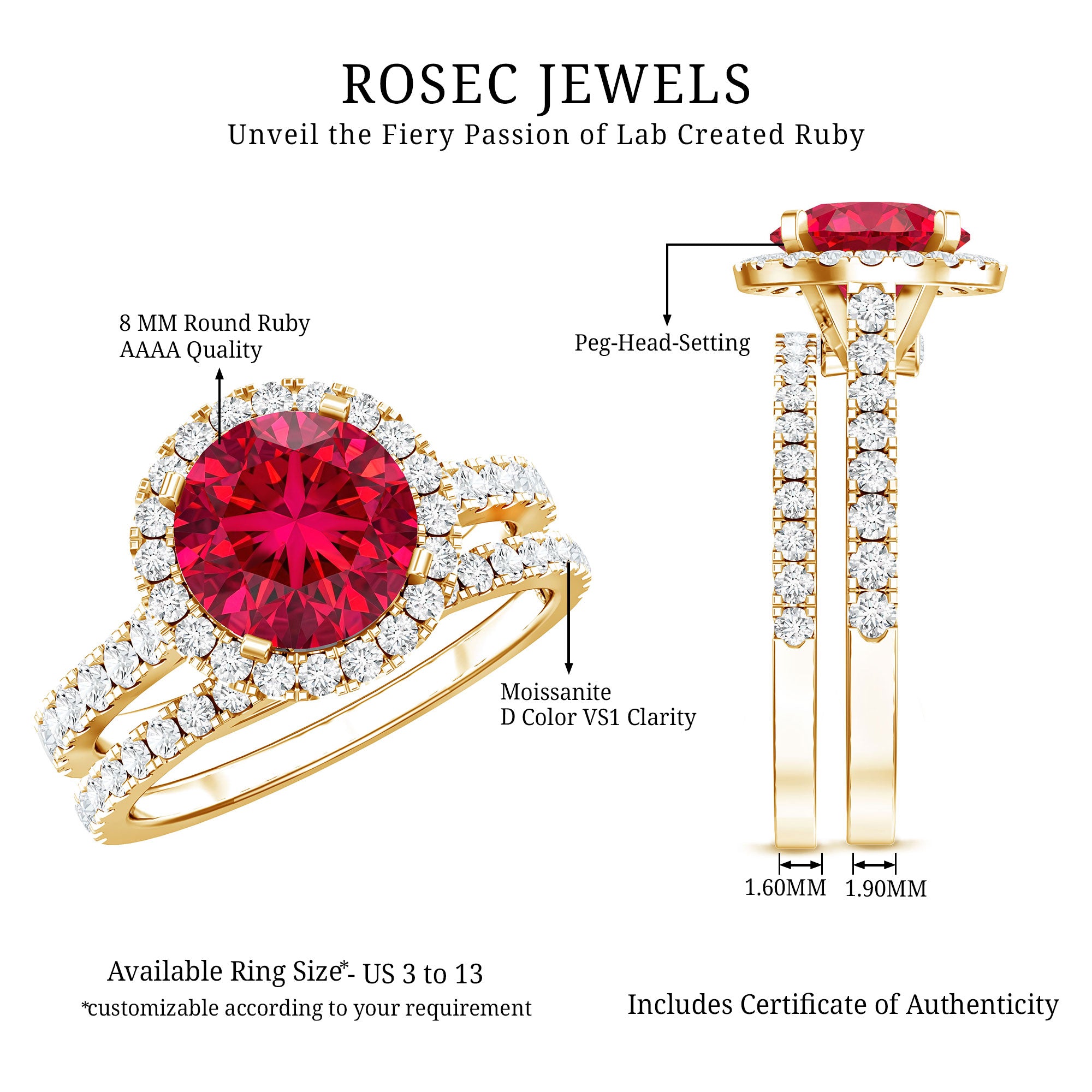 Lab Created Ruby Halo Wedding Ring Set with Moissanite AAAA - Rosec Jewels