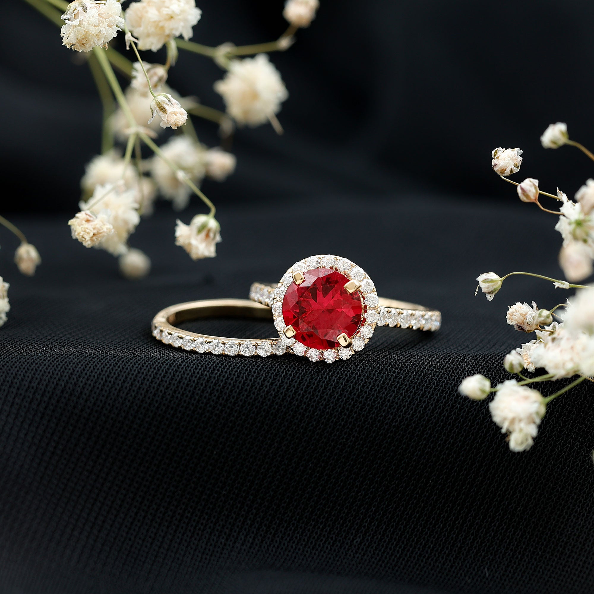 Lab Created Ruby Halo Wedding Ring Set with Moissanite AAAA - Rosec Jewels