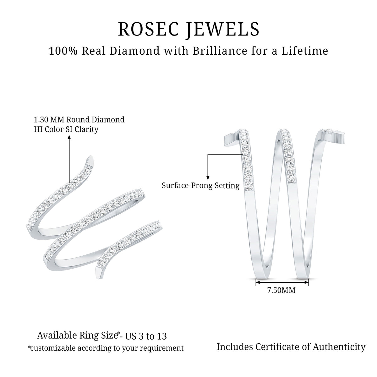 Certified Diamond Spiral Ring For Women Natural - ( HI-SI ) - Rosec Jewels