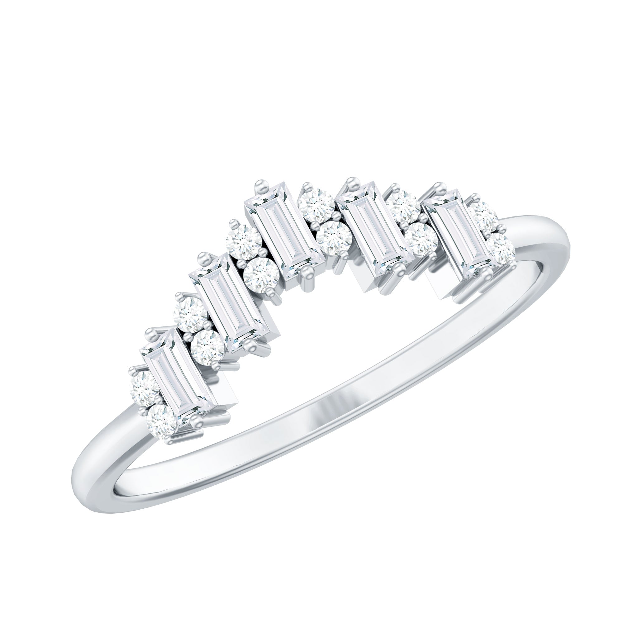 Baguette and Round Cut Moissanite Chevron Stackable Ring