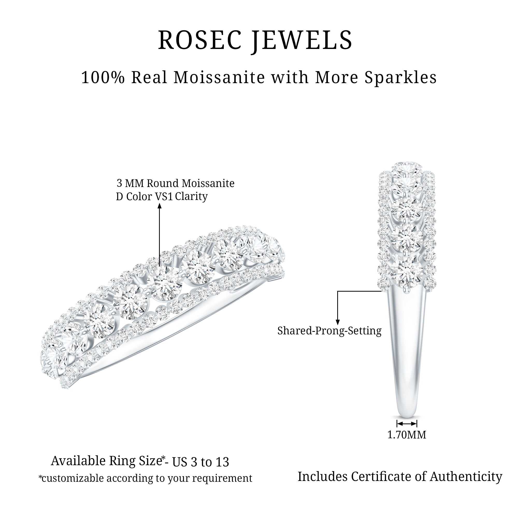 Round Shape Moissanite Half Eternity Wedding Band D-VS1 - Rosec Jewels