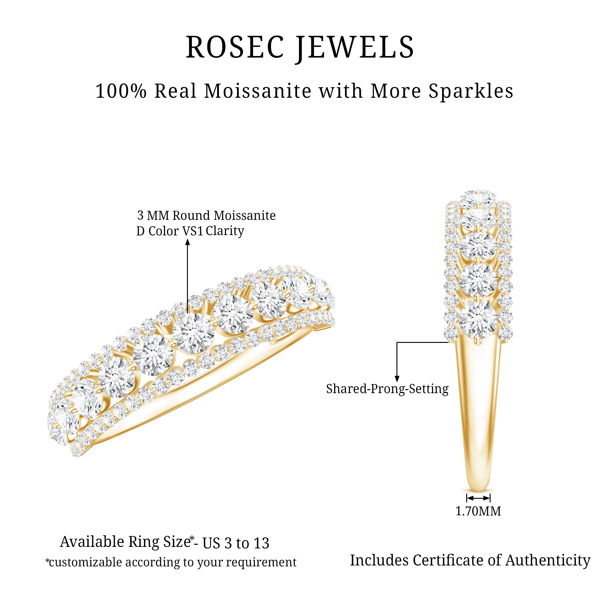 Round Shape Moissanite Half Eternity Wedding Band D-VS1 - Rosec Jewels