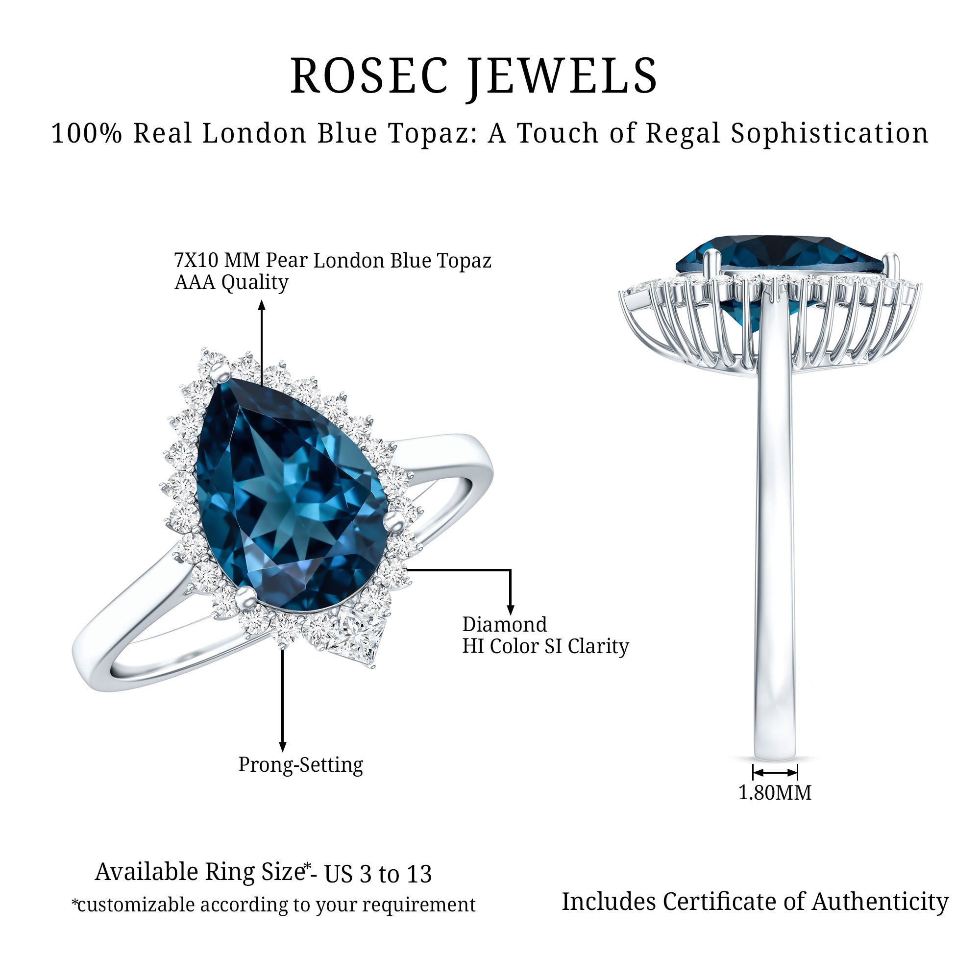 Pear Shaped London Blue Topaz and Diamond Statement Engagement Ring AAA - Rosec Jewels