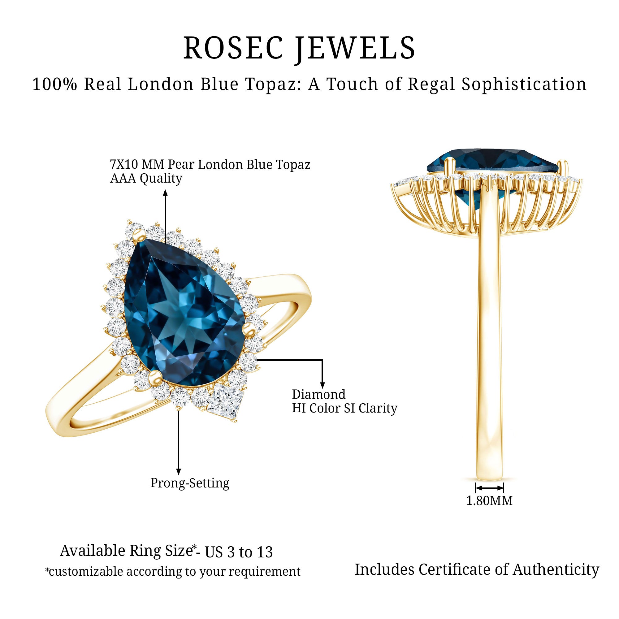 Pear Shaped London Blue Topaz and Diamond Statement Engagement Ring AAA - Rosec Jewels