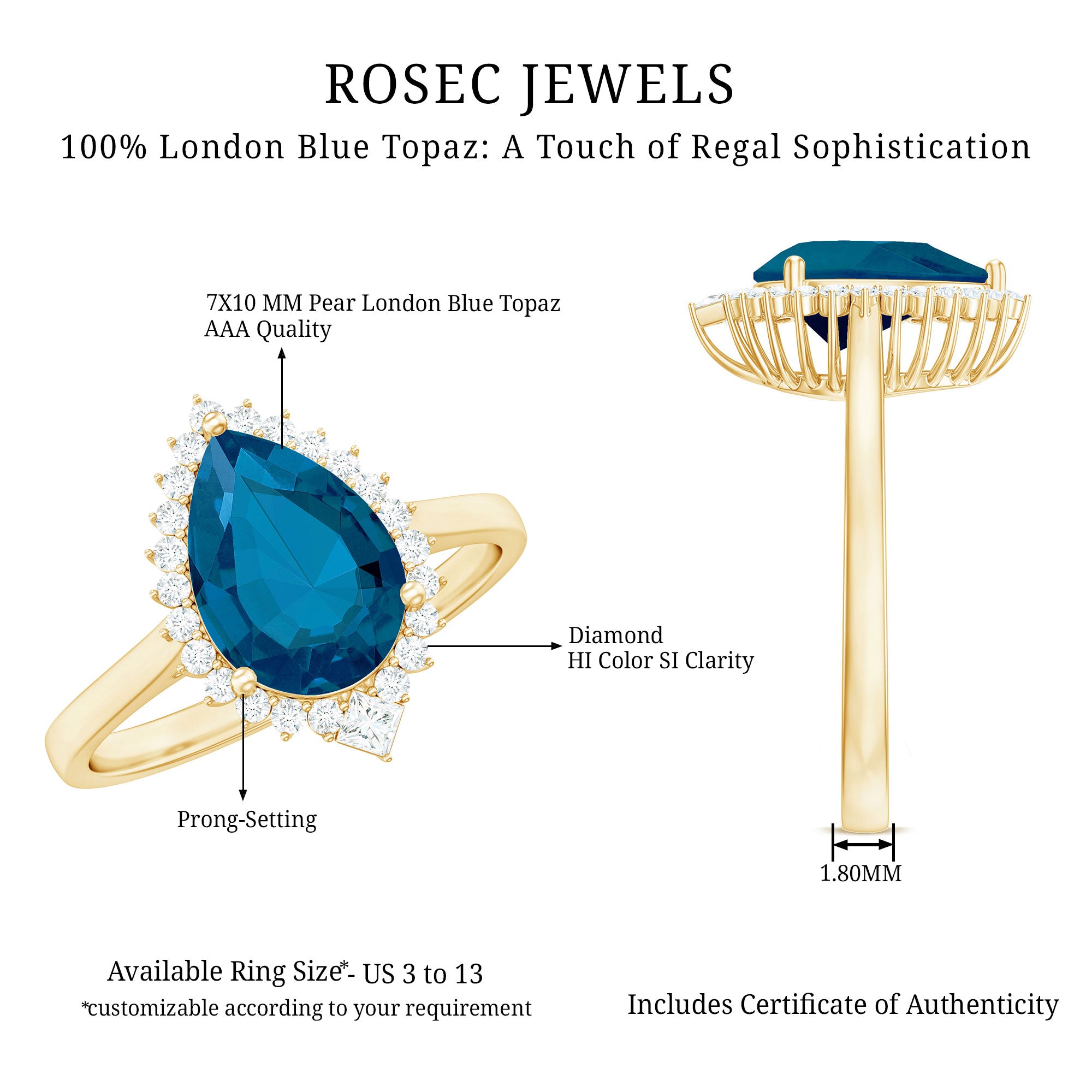Pear Shaped London Blue Topaz and Diamond Statement Engagement Ring AAA - Rosec Jewels