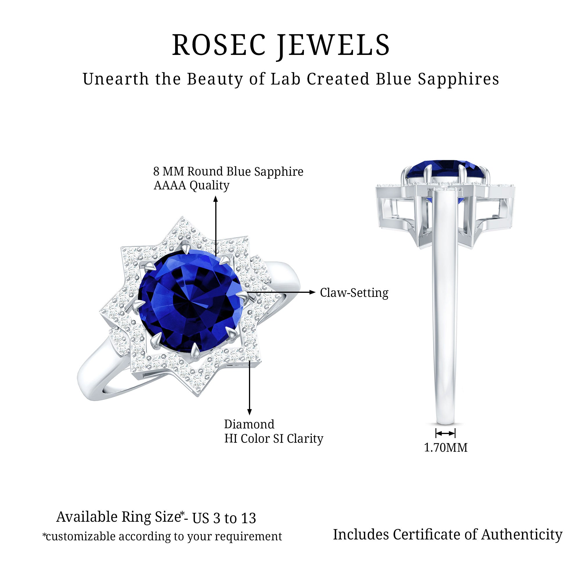 Certified 2.7 Carat Lab Grown Blue Sapphire Engagement Ring with Diamond Star Halo AAAA - Rosec Jewels