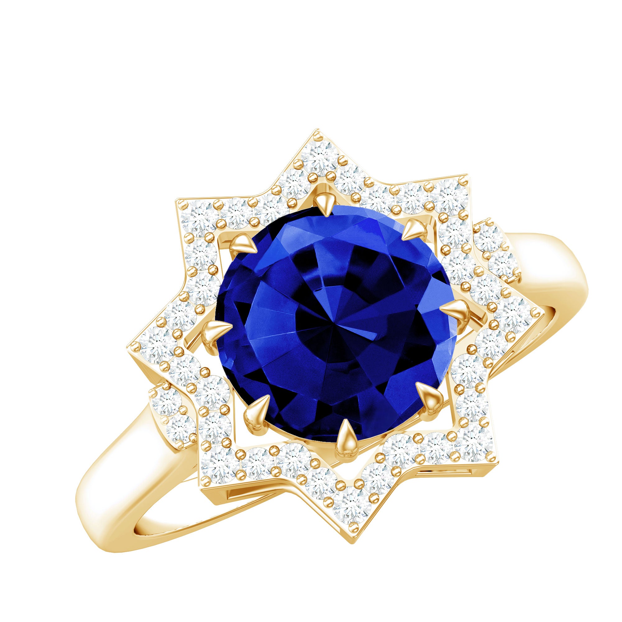 Certified 2.7 Carat Lab Grown Blue Sapphire Engagement Ring with Diamond Star Halo AAAA - Rosec Jewels
