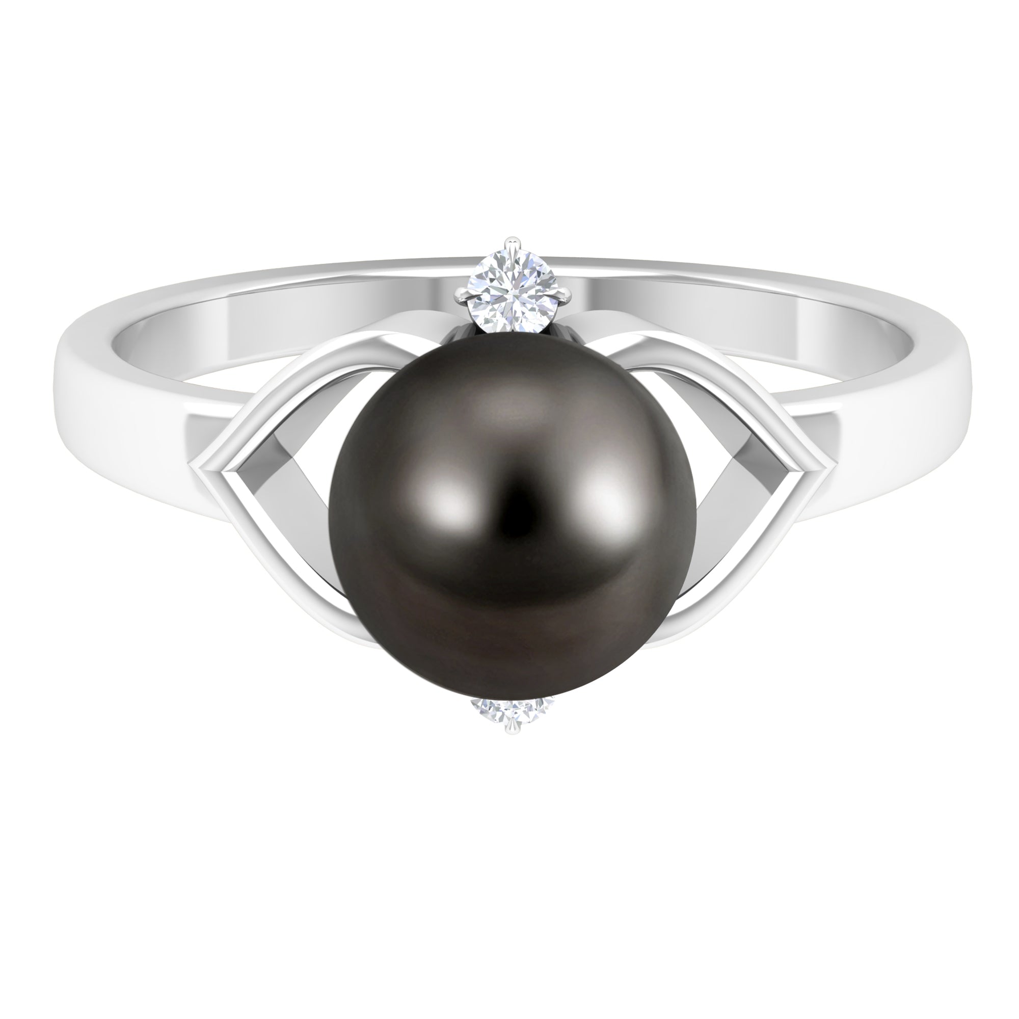 Genuine Tahitian Pearl Solitaire Split Shank Engagement Ring with Diamond AAA - Rosec Jewels