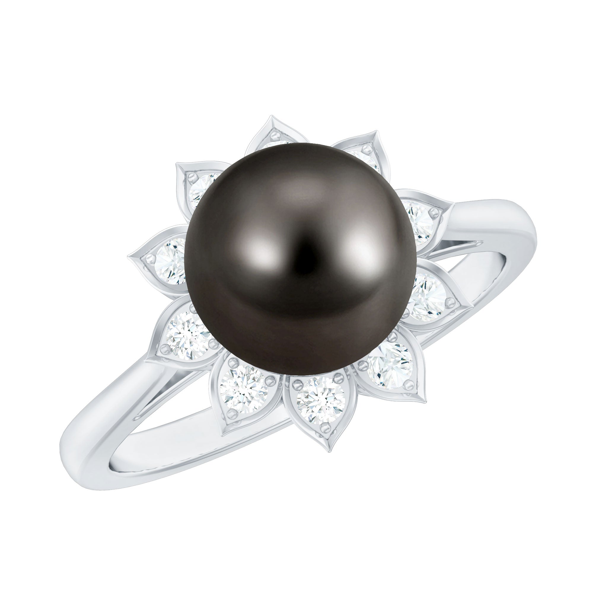 Rosec Jewels-Tahitian Black Pearl Engagement Ring with Diamond Floral Halo