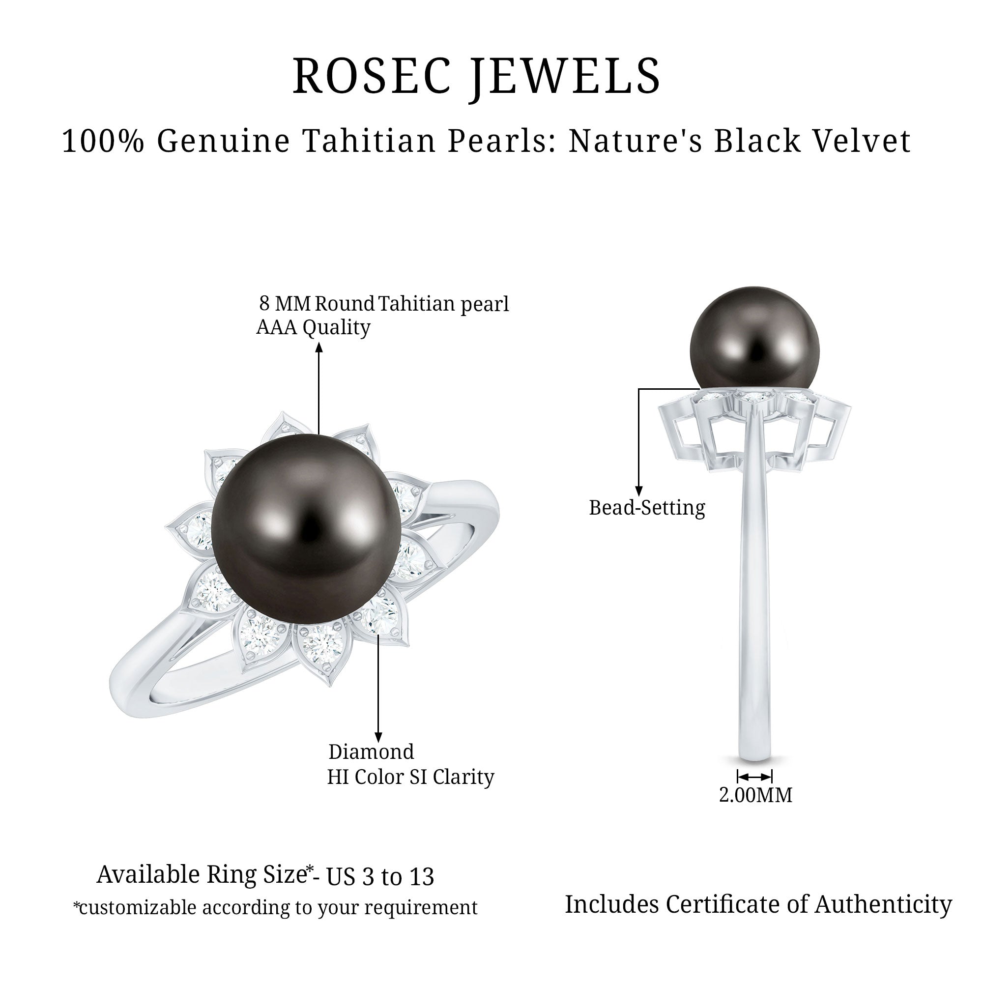 Rosec Jewels-Tahitian Black Pearl Engagement Ring with Diamond Floral Halo