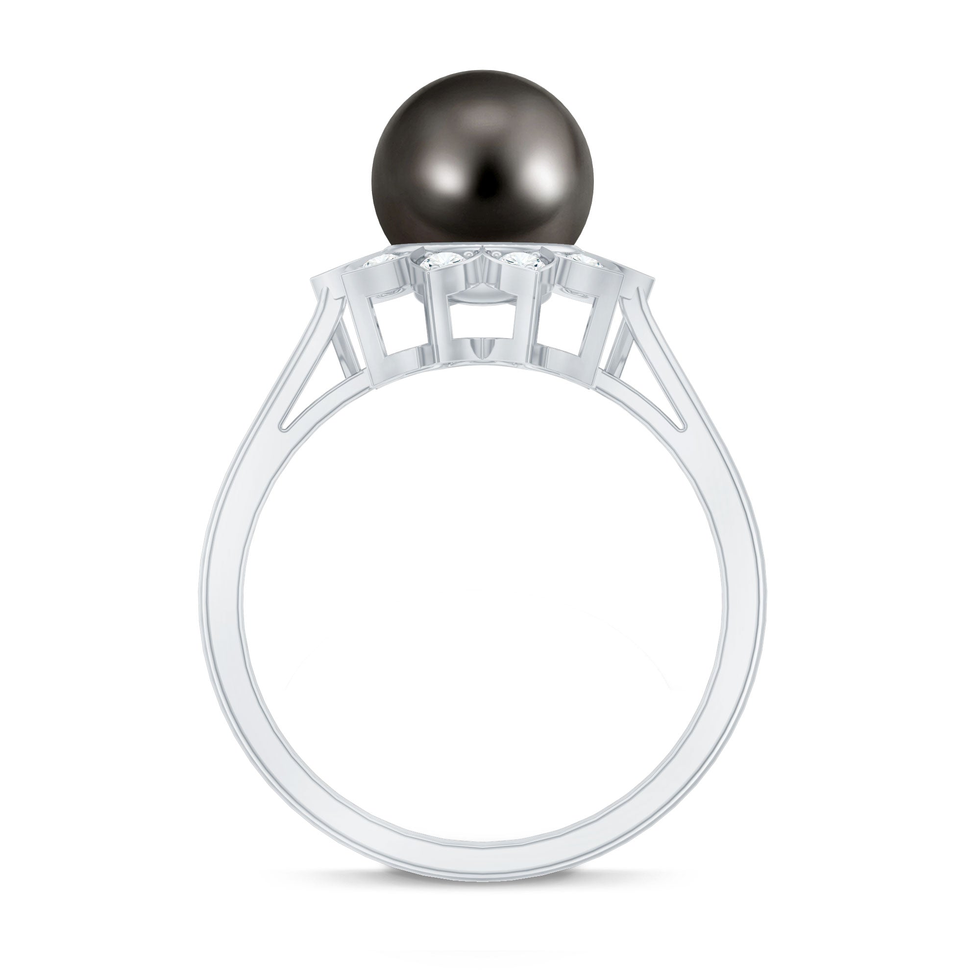 Rosec Jewels-Tahitian Black Pearl Engagement Ring with Diamond Floral Halo
