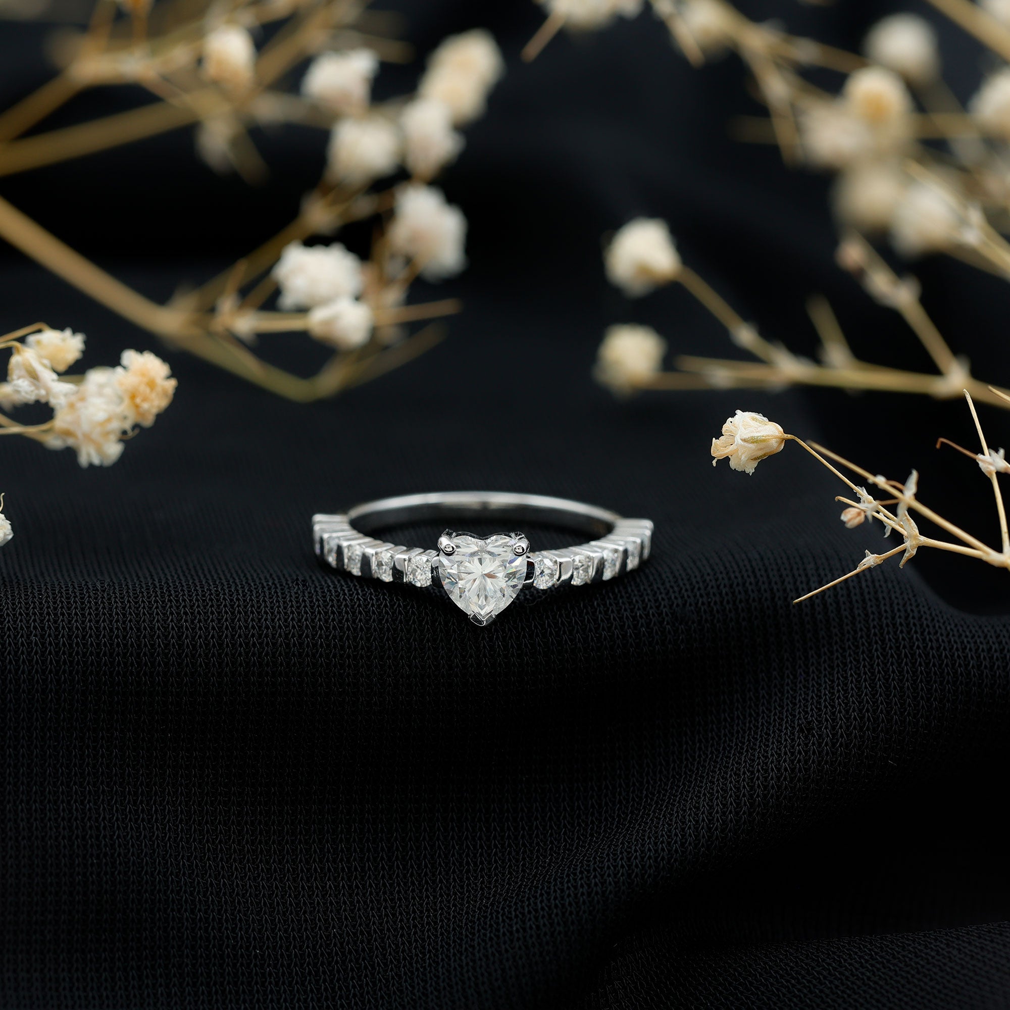 Certified 5 MM Moissanite Heart Engagement Ring with Side Stones D-VS1 - Rosec Jewels