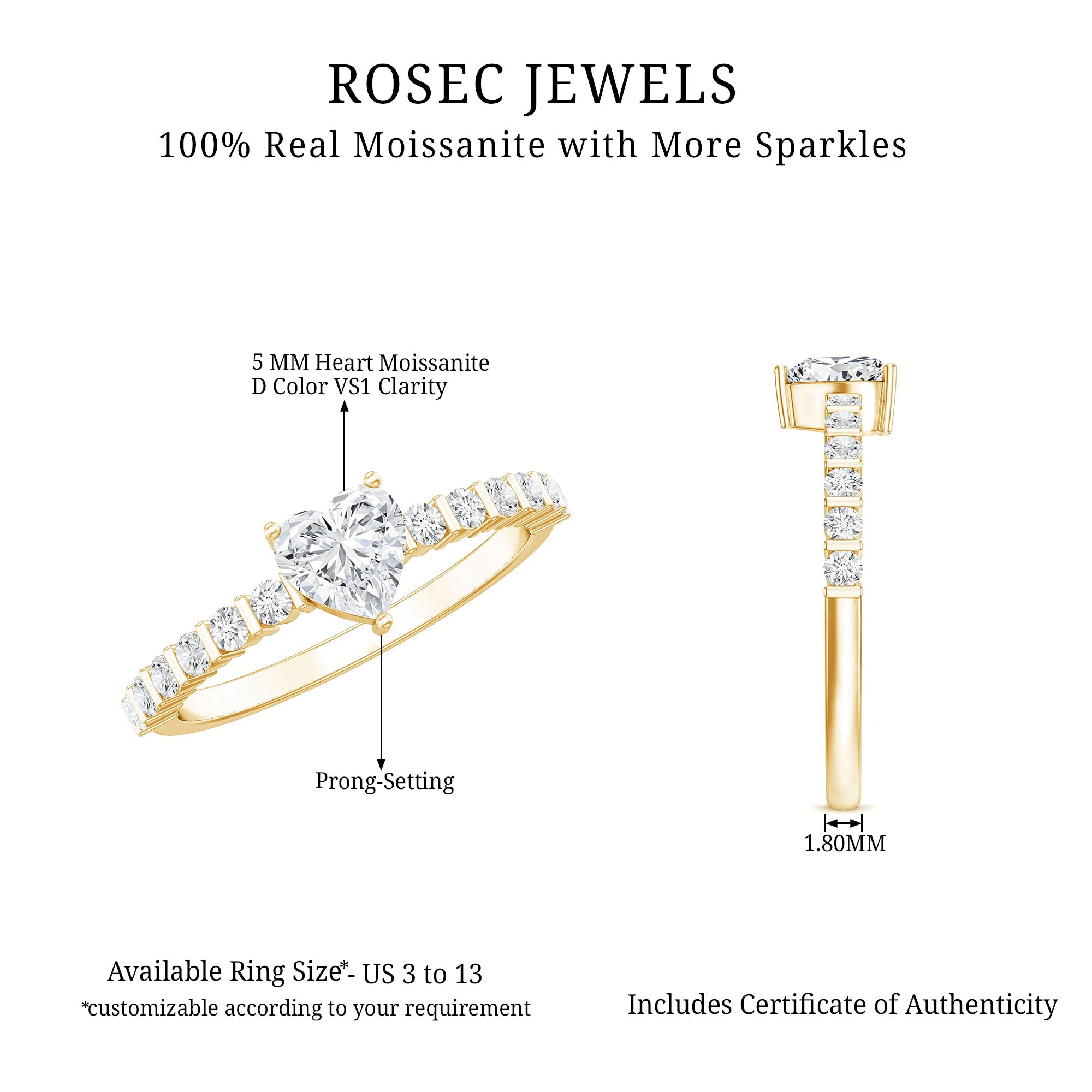 Certified 5 MM Moissanite Heart Engagement Ring with Side Stones D-VS1 - Rosec Jewels