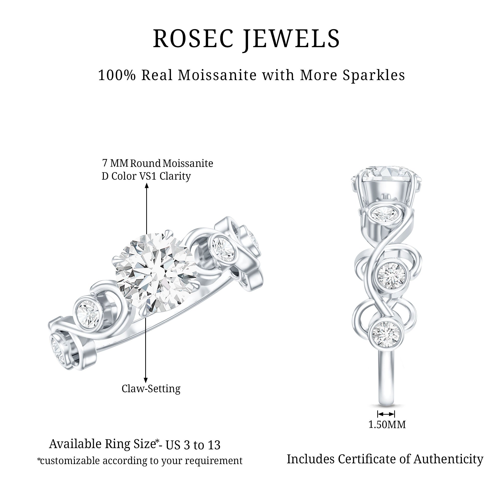 Certified Moissanite Engagement Ring with Ivy Scroll Shank D-VS1 - Rosec Jewels