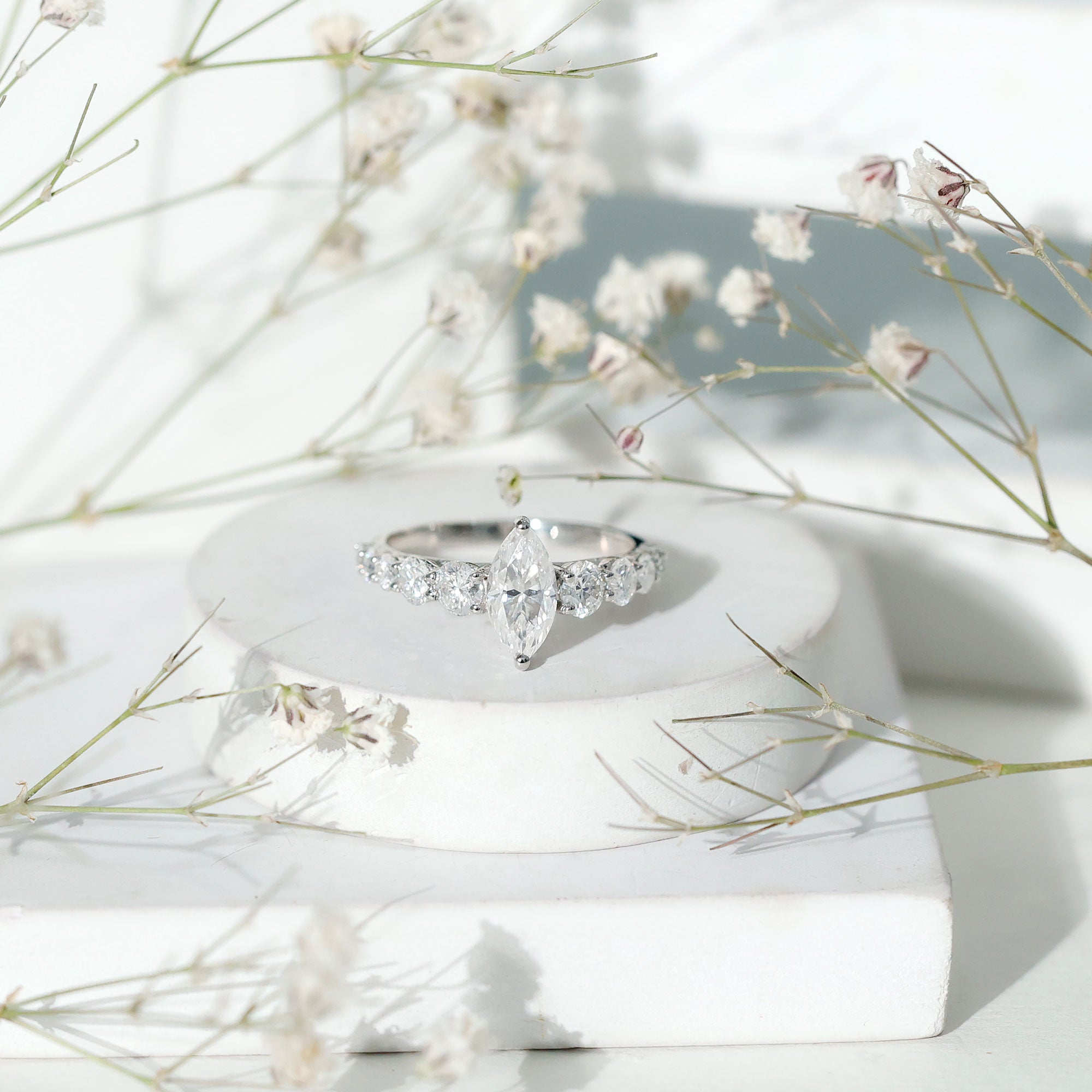 Rosec Jewels-Marquise Cut Moissanite Engagement Ring with Side Stones