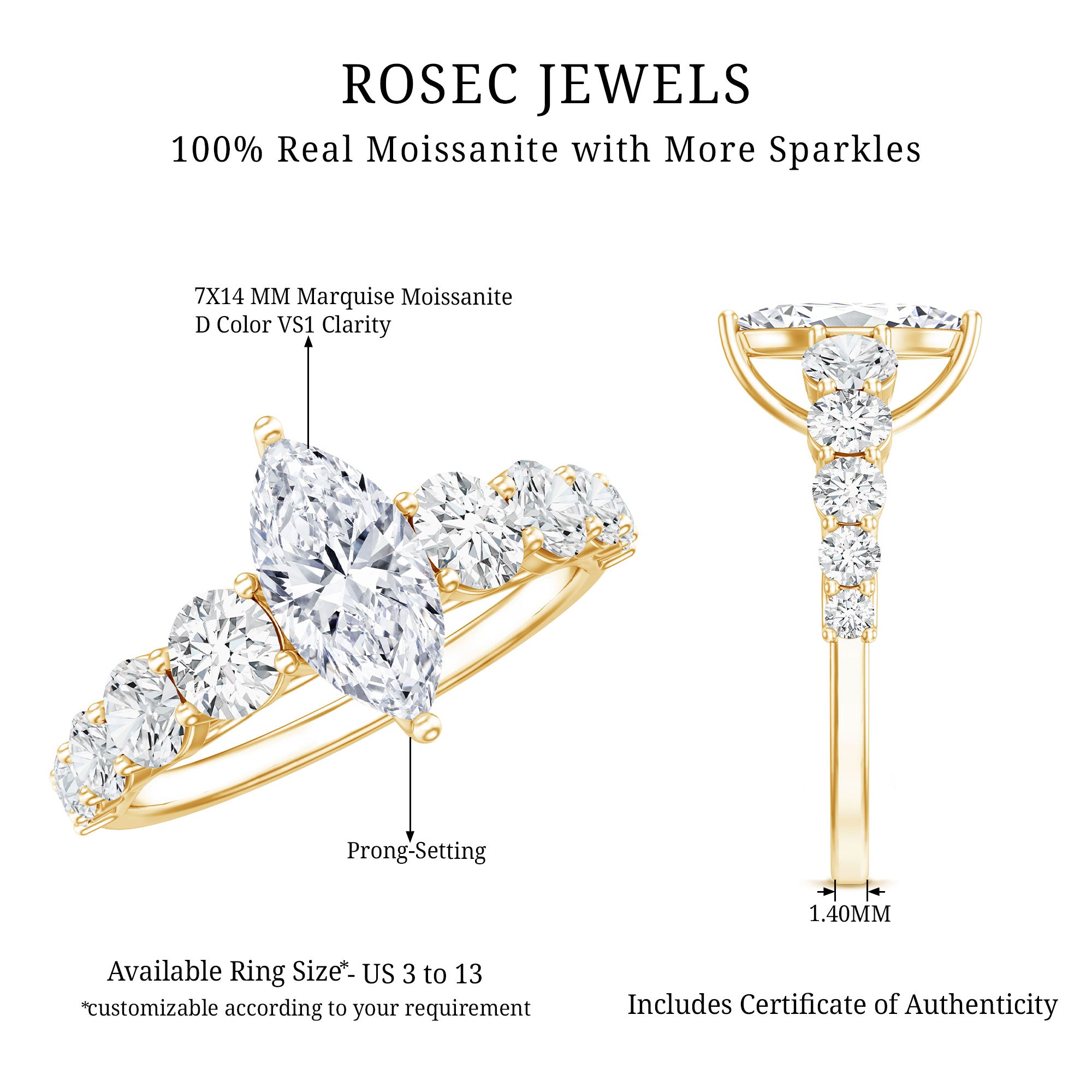 Rosec Jewels-Marquise Cut Moissanite Engagement Ring with Side Stones