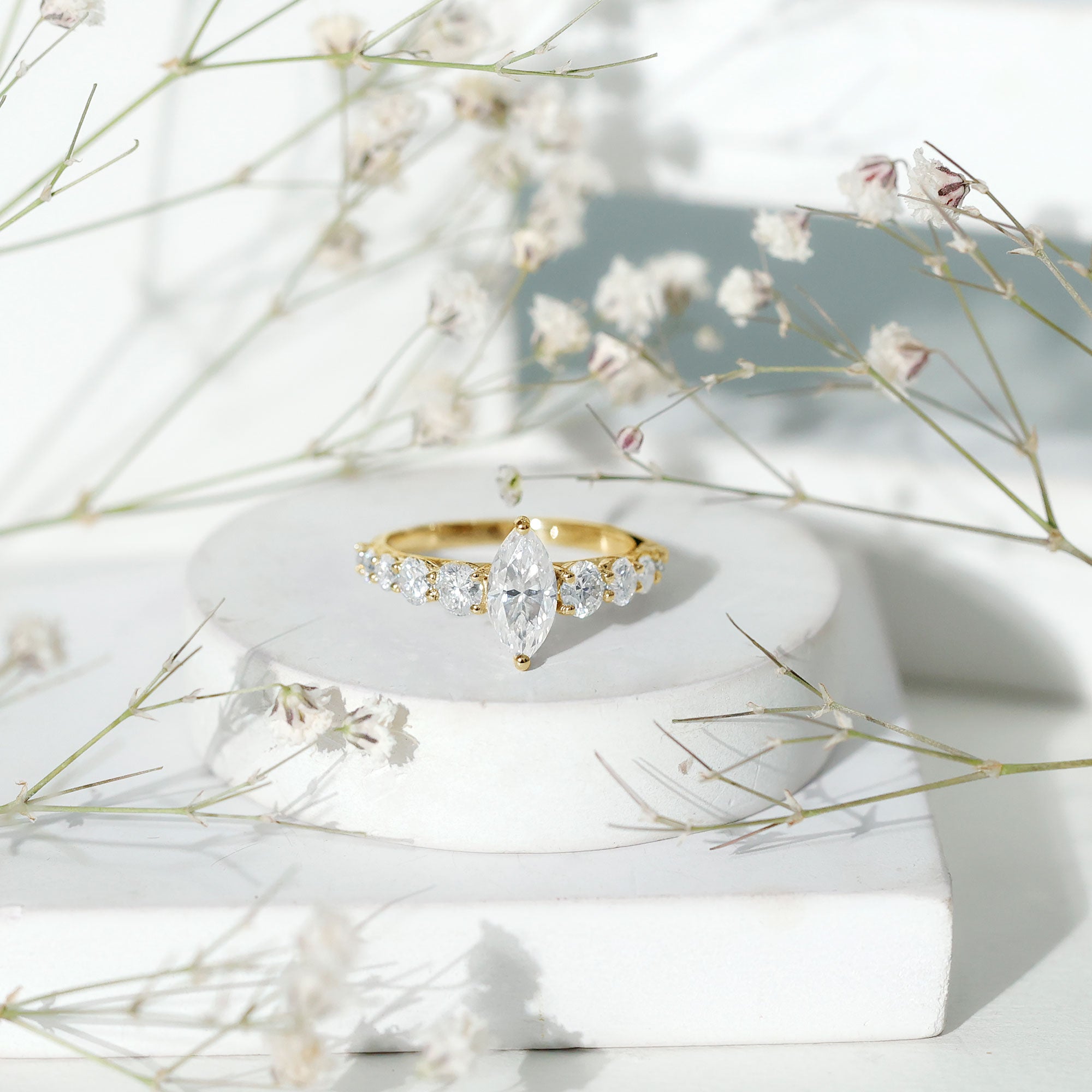 Rosec Jewels-Marquise Cut Moissanite Engagement Ring with Side Stones