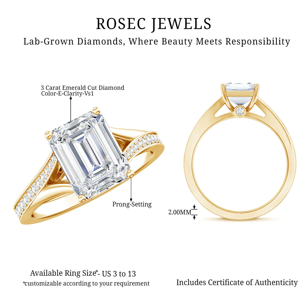 Rosec Jewels-IGI Certified 3 Carat Lab Grown Diamond Emerald Cut Engagement Ring in Split Shank