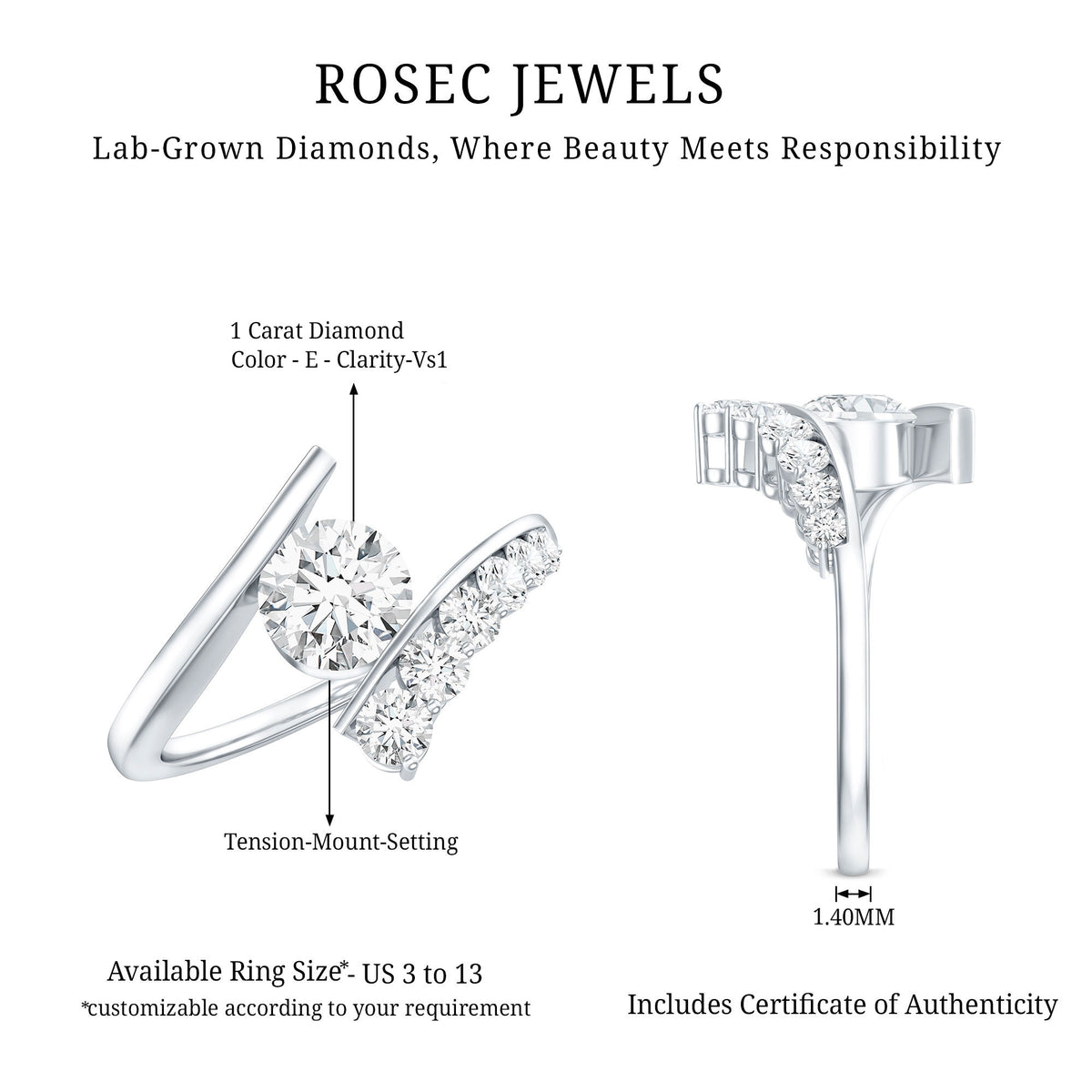 IGI Certified 1 Carat Lab Grown Diamond Bypass Engagement Ring Lab - ( E-VS1 ) - Rosec Jewels