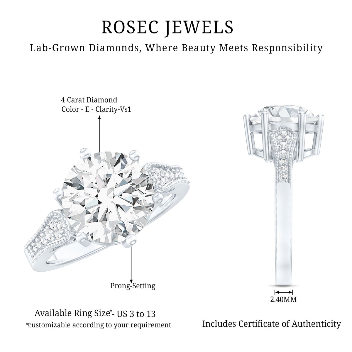 Huge 4 Carat Lab Grown Diamond Solitaire Engagement Ring IGI Verified Lab - ( E-VS1 ) - Rosec Jewels