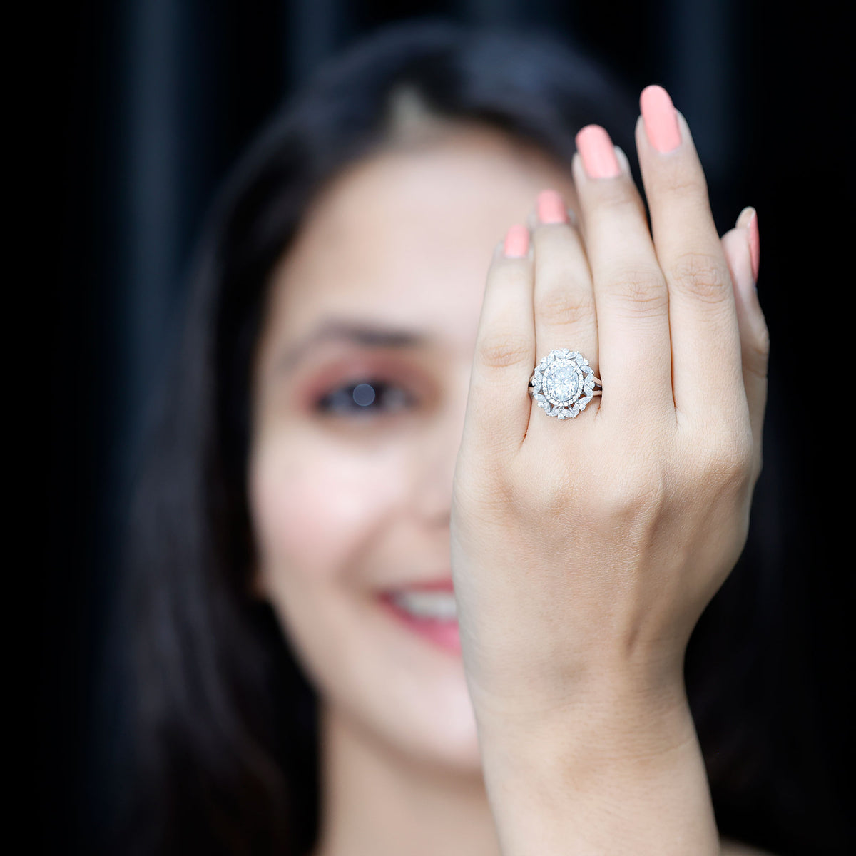 IGI Verified 2 Carat Oval Lab Grown Diamond Statement Engagement Ring with Double Halo Lab - ( E-VS1 ) - Rosec Jewels