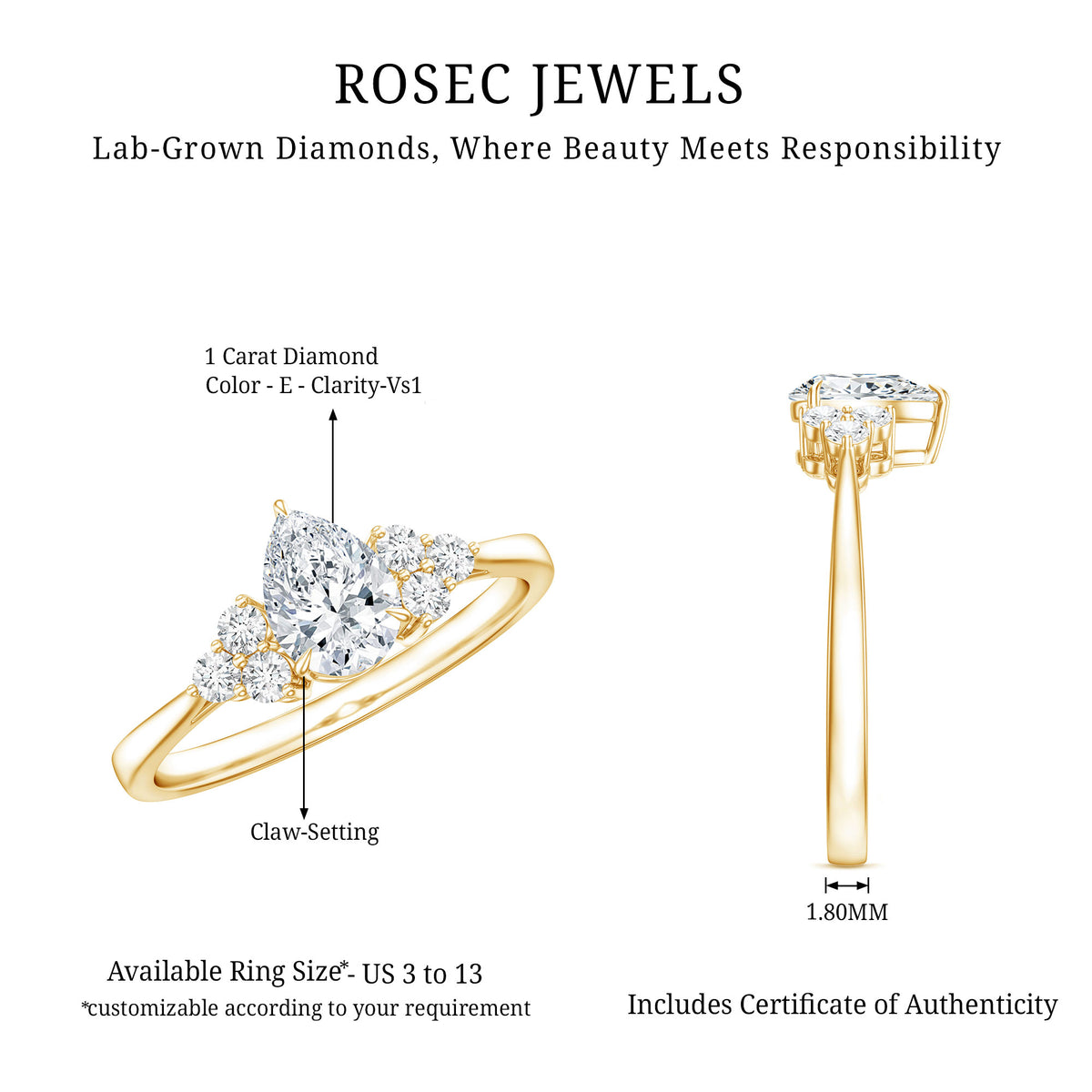 1 Carat Lab Grown Pear Diamond Engagement Ring IGI Certified Lab - ( E-VS1 ) - Rosec Jewels