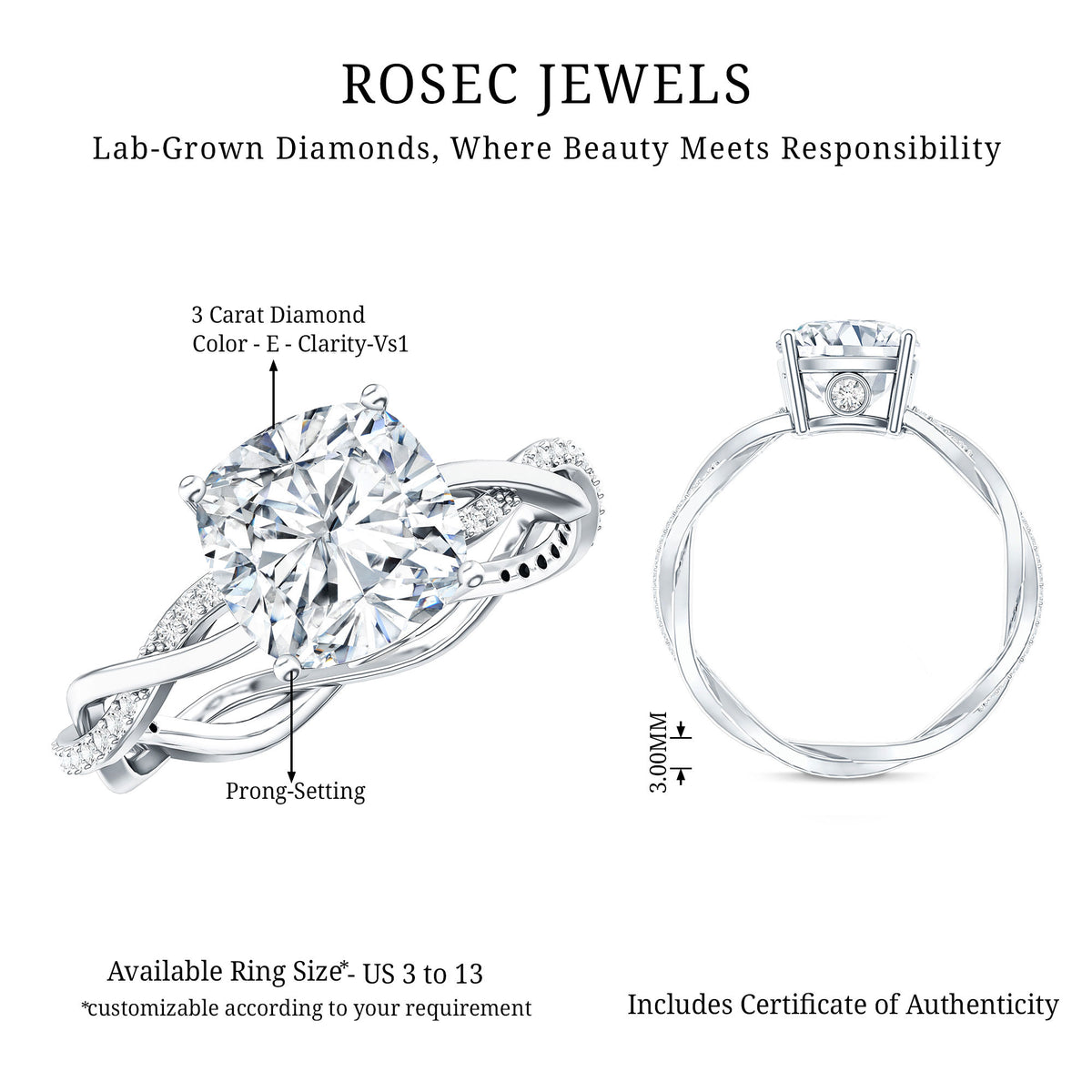 IGI Graded 3 Carat Solitaire Lab Grown Diamond Braided Engagement Ring Lab - ( E-VS1 ) - Rosec Jewels