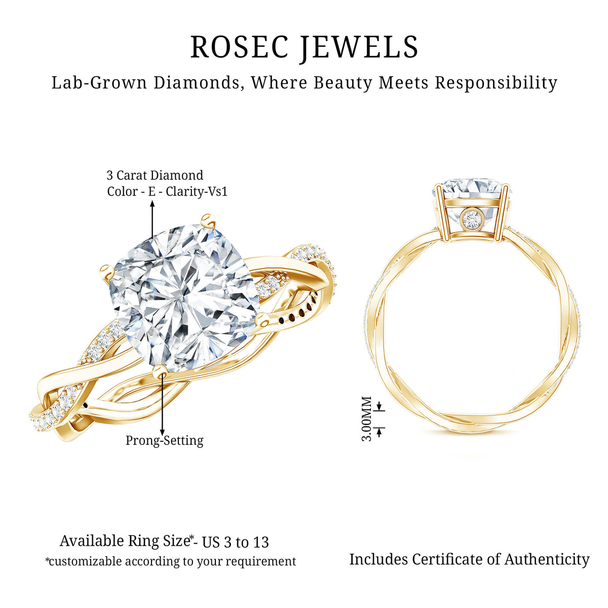 IGI Graded 3 Carat Solitaire Lab Grown Diamond Braided Engagement Ring Lab - ( E-VS1 ) - Rosec Jewels