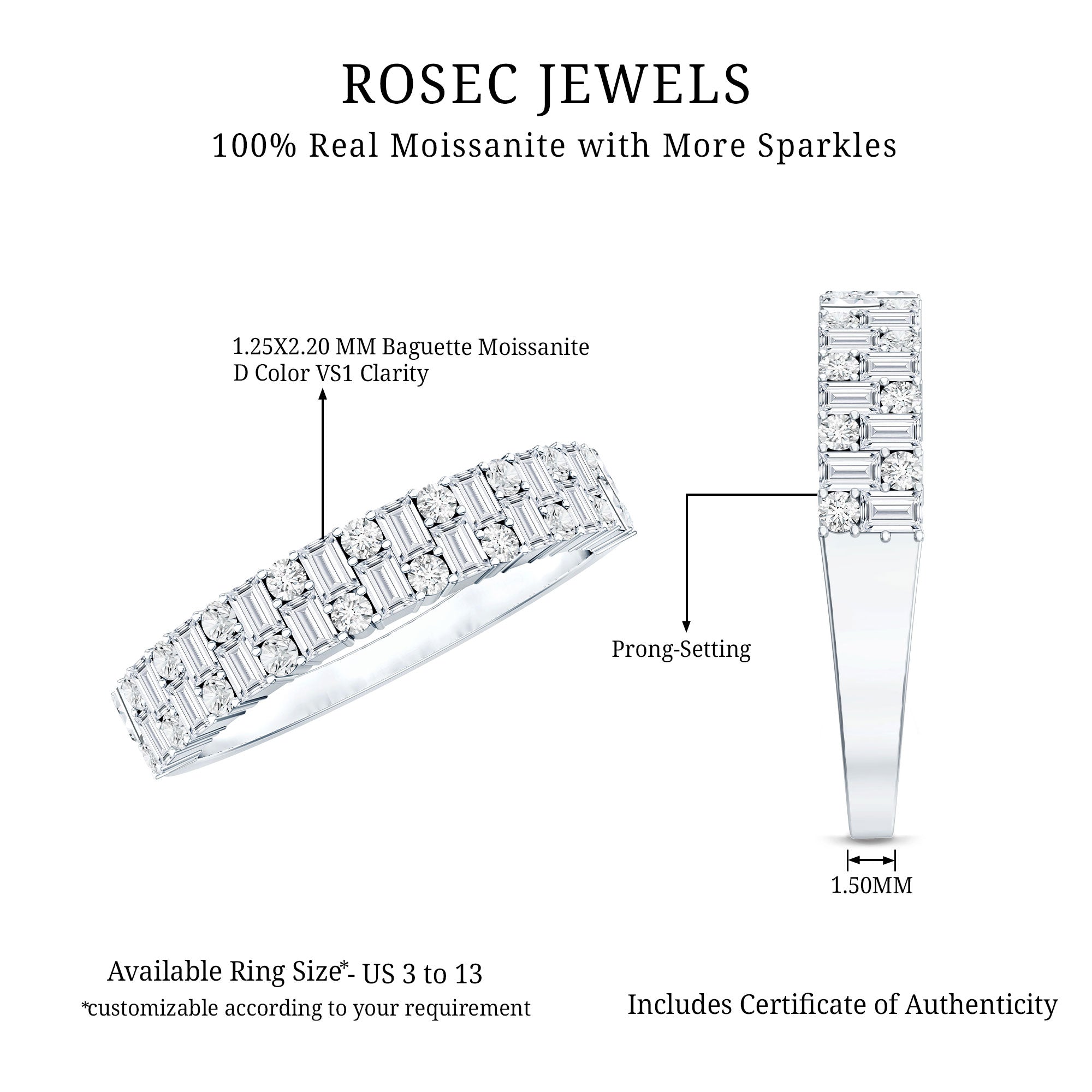 Baguette and Round Certified Moissanite Half Eternity Band Ring D-VS1 - Rosec Jewels
