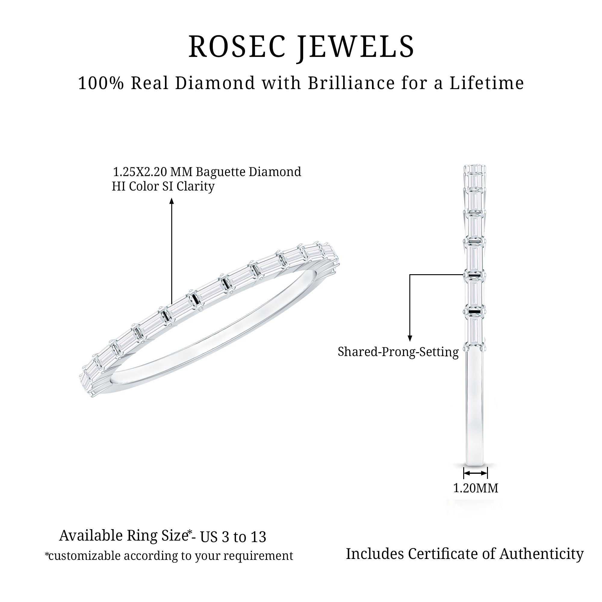 Rosec Jewels-Baguette Cut Diamond Stackable Ring in Shared Prong Setting