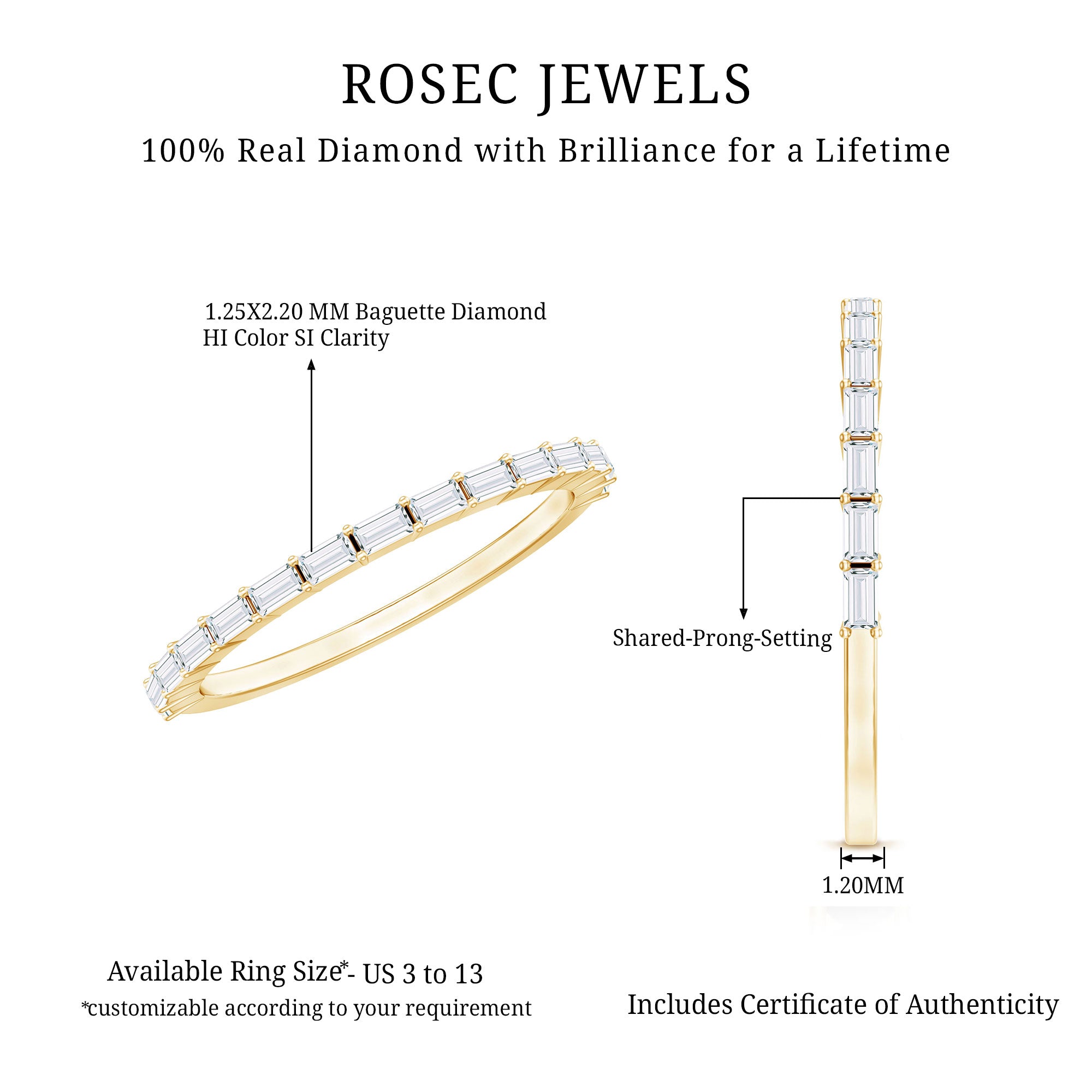 Rosec Jewels-Baguette Cut Diamond Stackable Ring in Shared Prong Setting