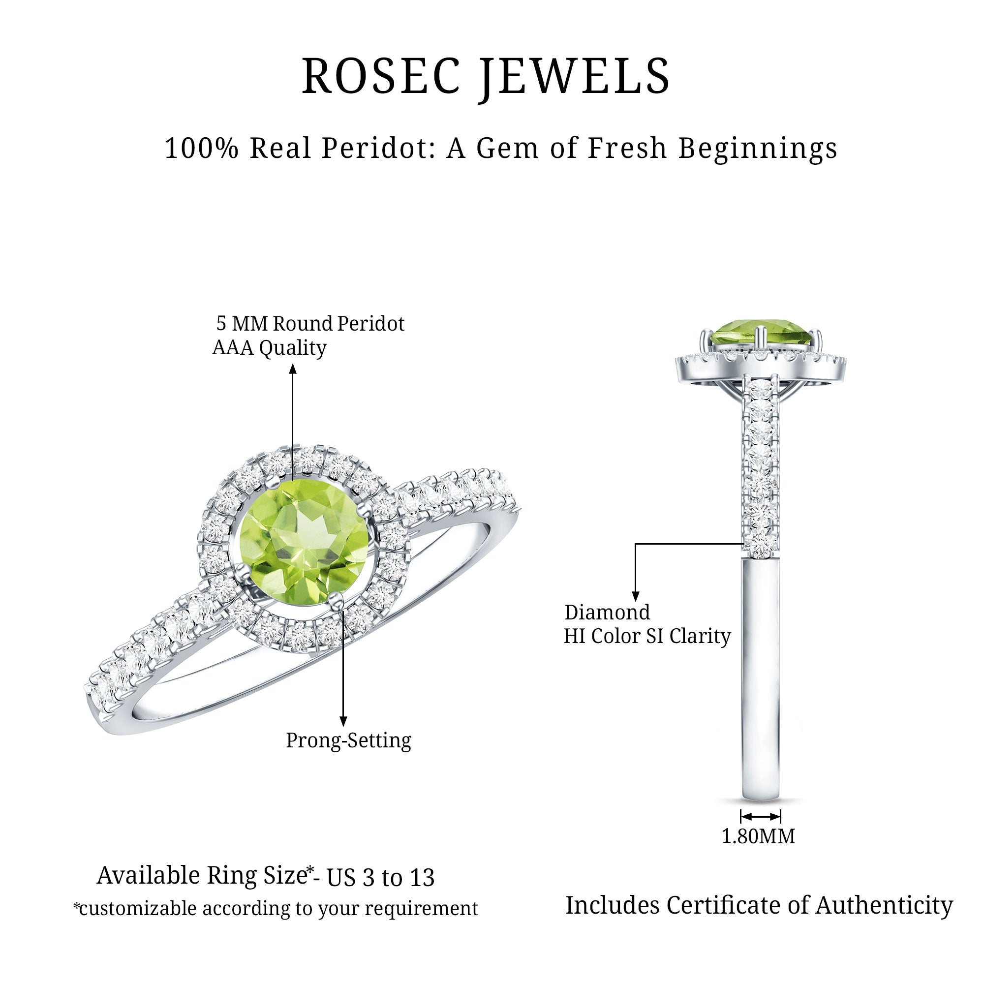 Genuine Half Carat Peridot Engagement Ring with Diamond Halo AAA - Rosec Jewels