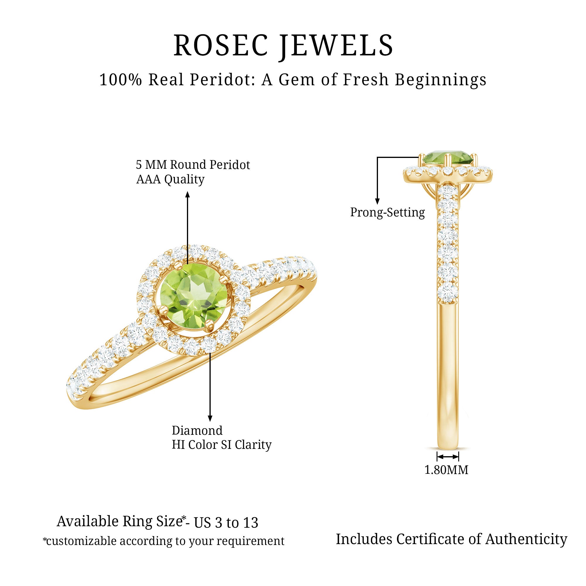 Genuine Half Carat Peridot Engagement Ring with Diamond Halo AAA - Rosec Jewels