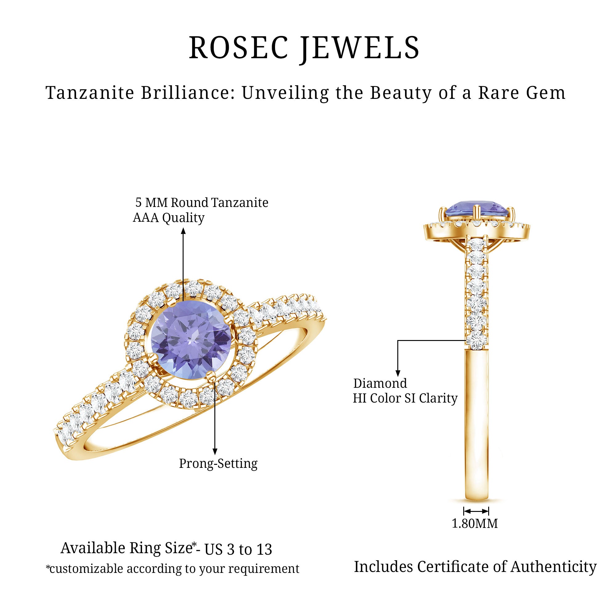 Natural Tanzanite and Diamond Promise Ring for Engagement AAA - Rosec Jewels